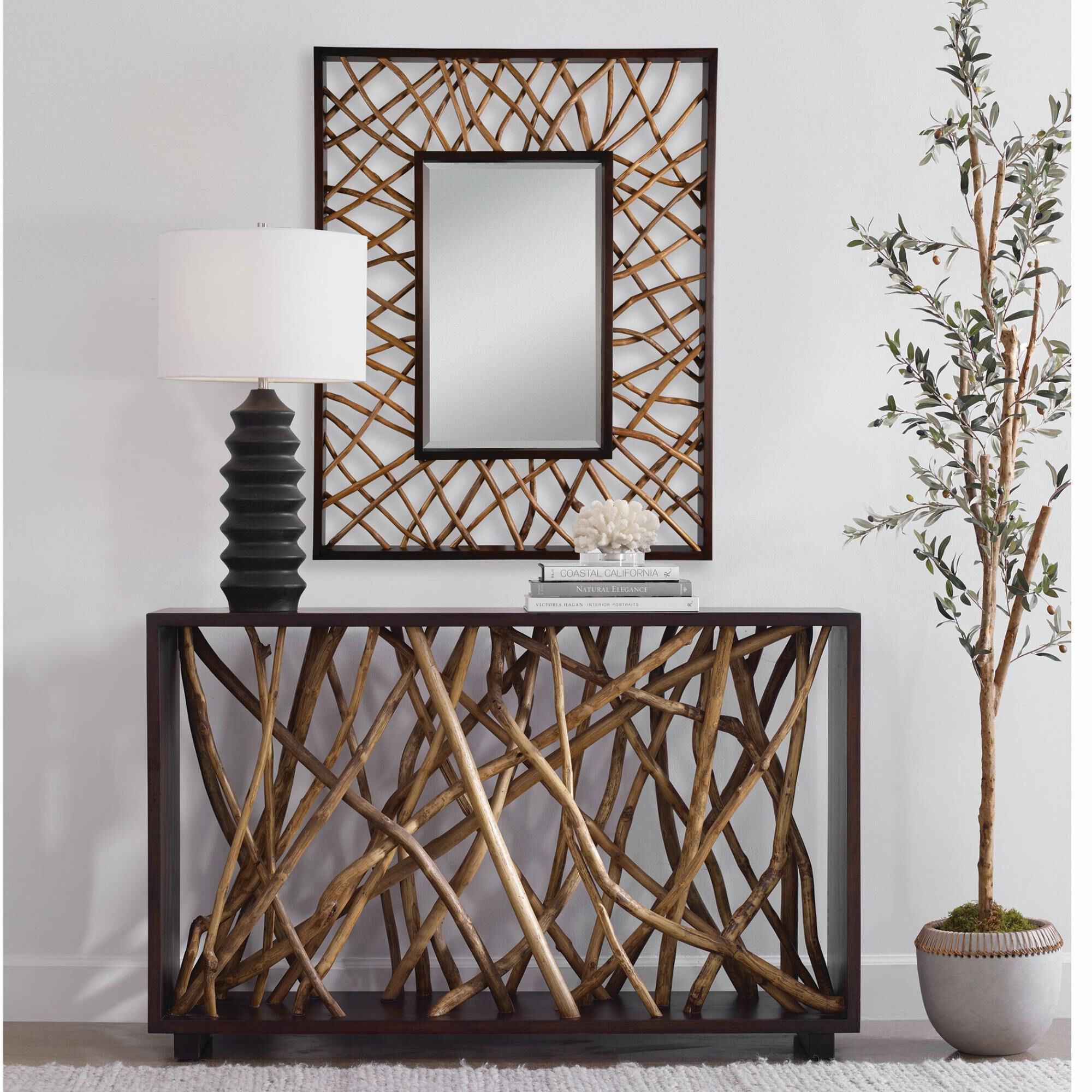 Shown in The Teak Maze Mirror Is Sure To Make A Statement In Any Space. This Beautifully Unique Piece Is Cons finish