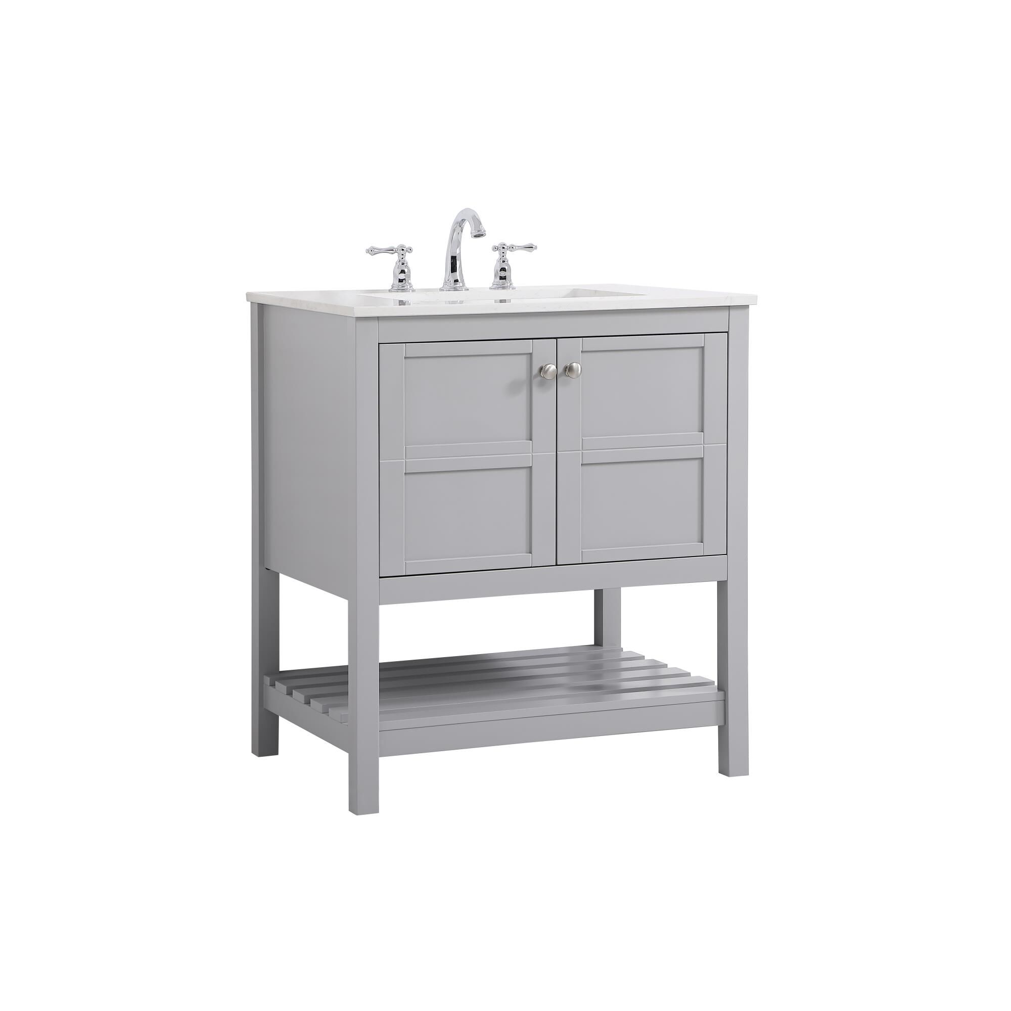 Shown in Gray And Brushed Nickel With Calacatta Quartz finish