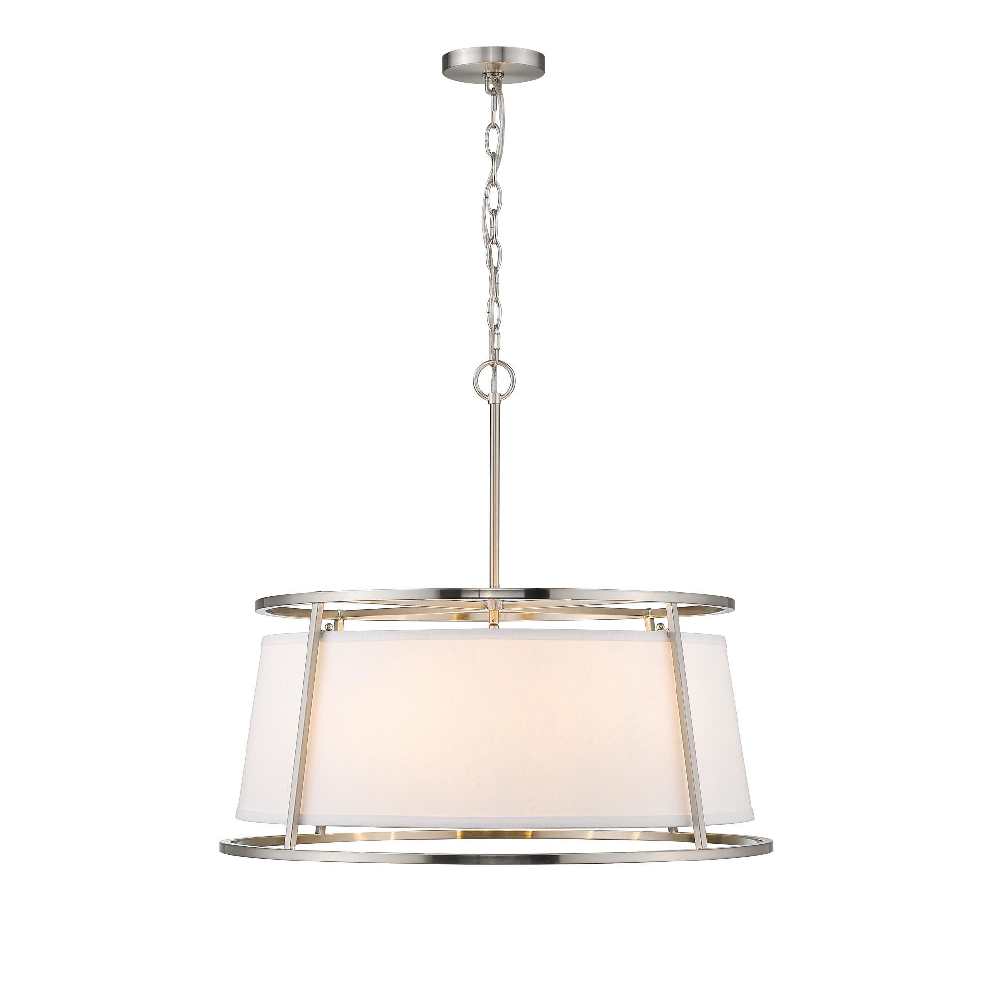 Shown in Brushed Nickel finish and Fabric glass and Fabric shade