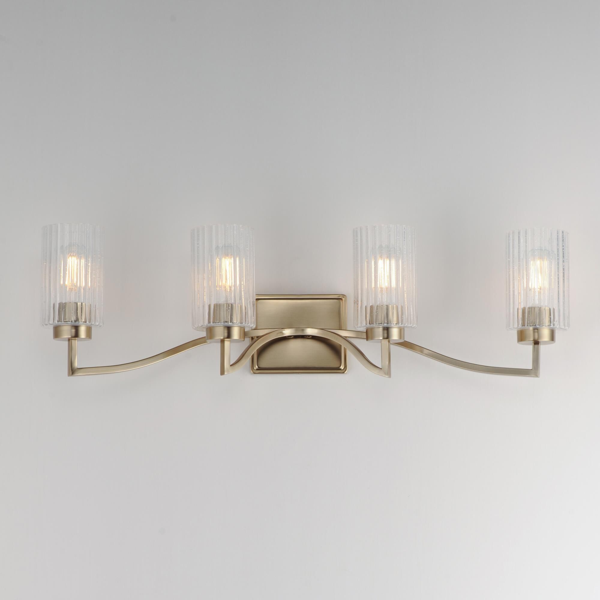 Shown in Satin Champagne finish and Clear Ribbed glass and Glass shade