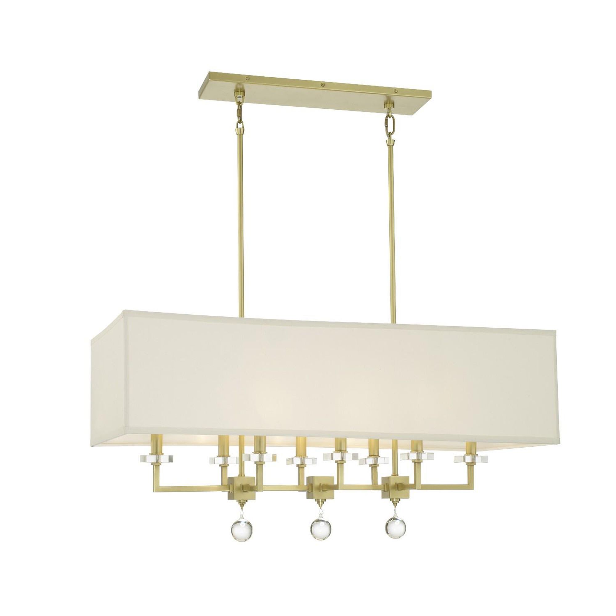 Shown in Aged Brass finish and Clear Glass Drops crystal and Silk glass and White shade