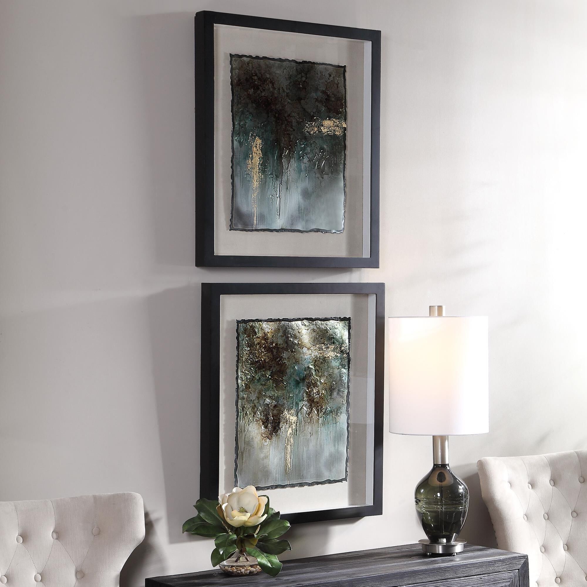 Shown in Silver Leaf, Gold Leaf, Green, Black, Burned Edges, Beige Background, Shadowbox Frame, Glass, Dark G finish