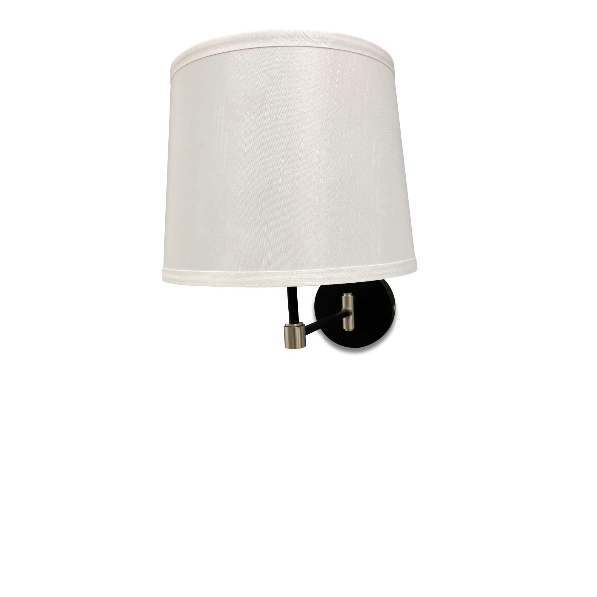 Shown in Black and Satin Nickel finish and Fine White Linen shade