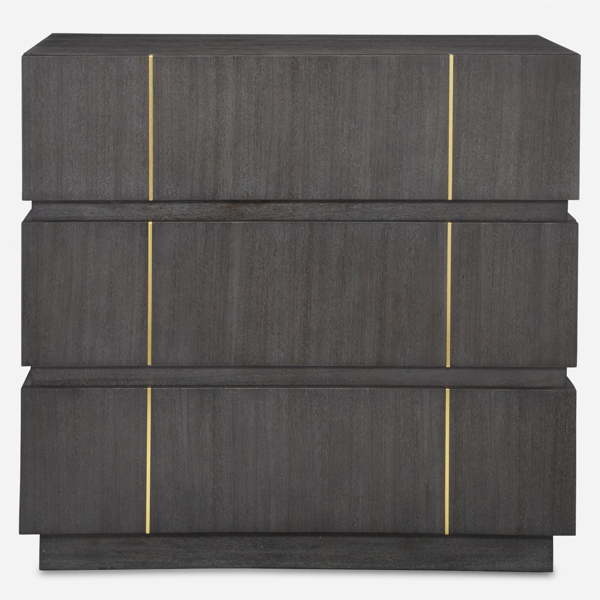 Shown in A Clean And Refined Accent Chest Featuring Three Acacia Veneer Drawers In Dark Walnut. The Richness  finish