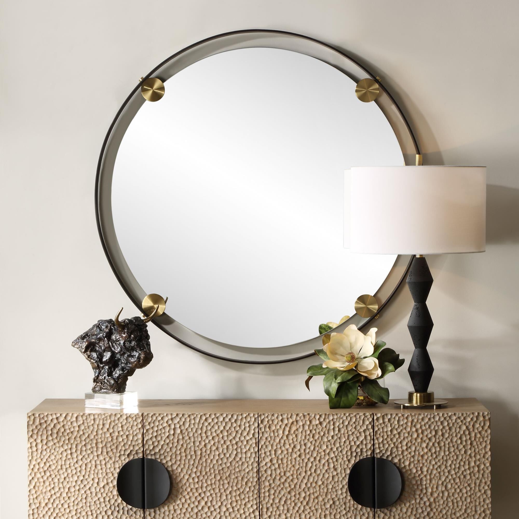 Shown in This Round Mirror Features A Hefty Dark Bronze Iron Frame That Exudes Contemporary Charm, While Plat finish