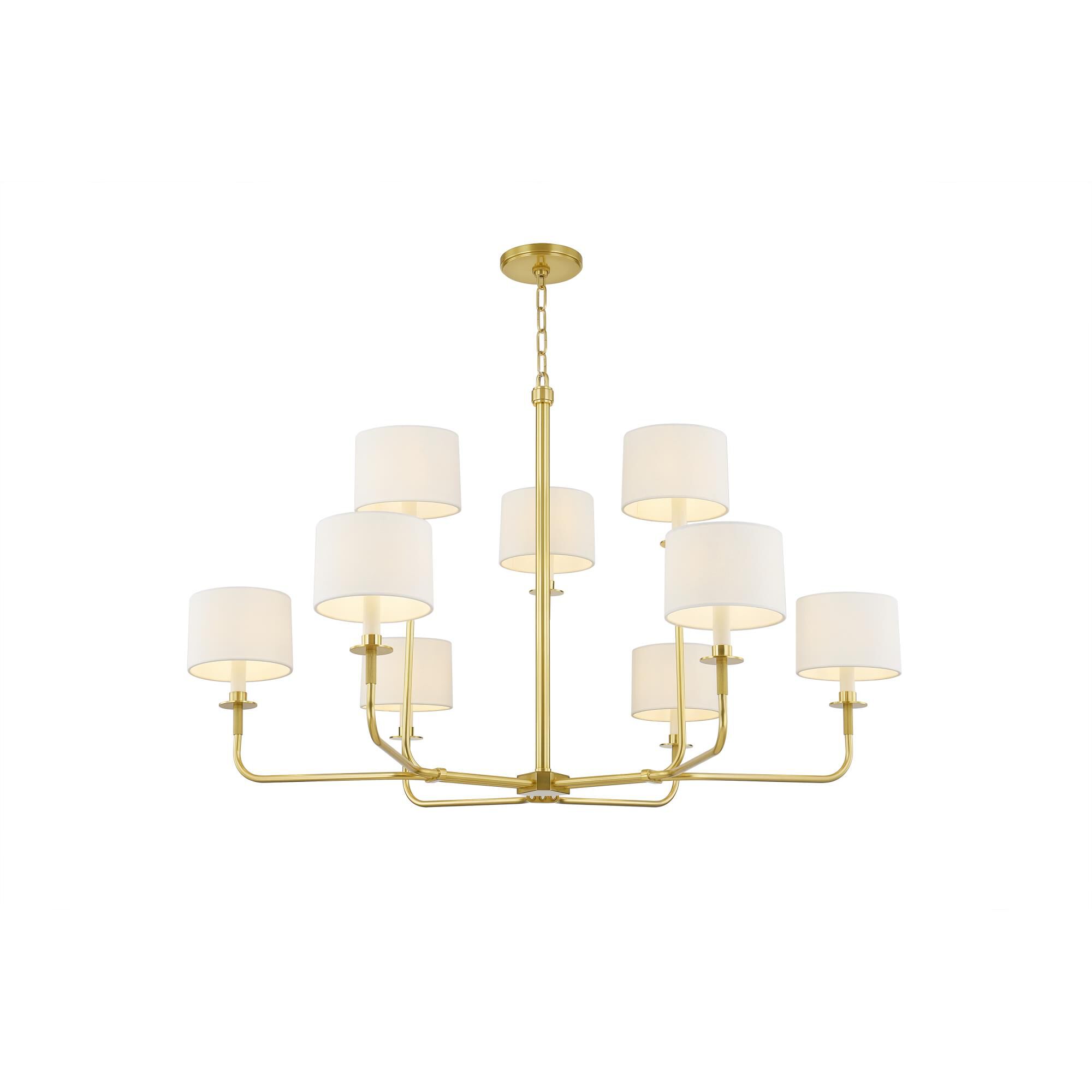 Shown in Aged Brass finish and White Linen shade