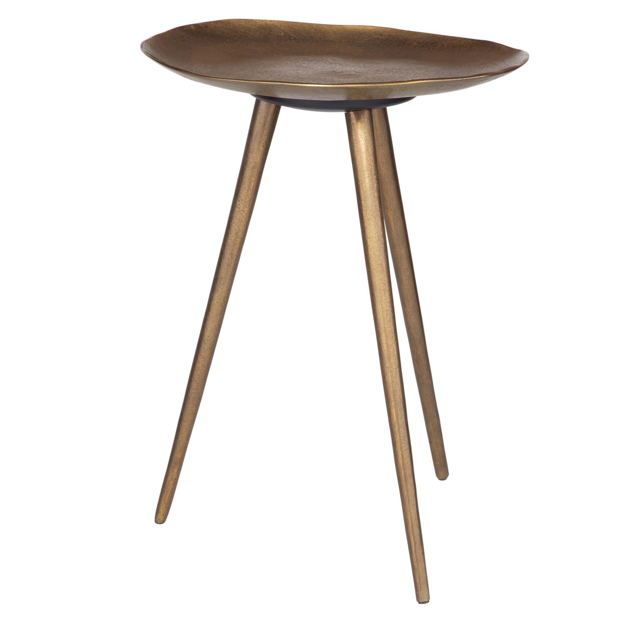 Shown in This Unique Accent Table Is Made From Cast Aluminum In An Antique Brass Finish. The Three Slender Le finish