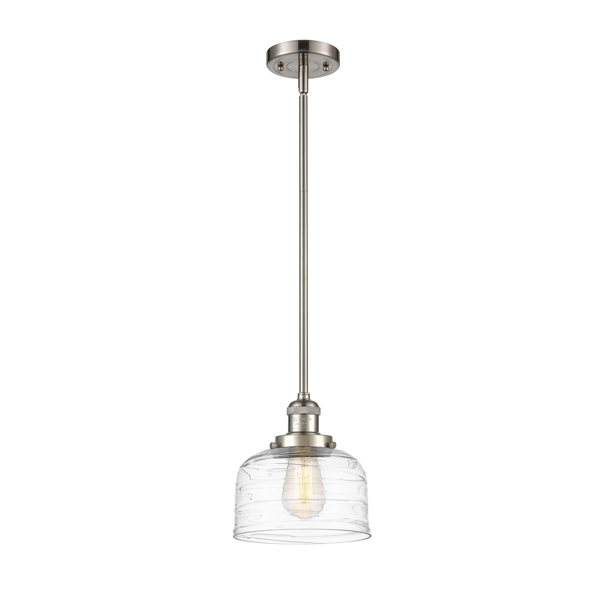 Shown in Brushed Satin Nickel finish and Clear Deco Swirl Large Bell glass