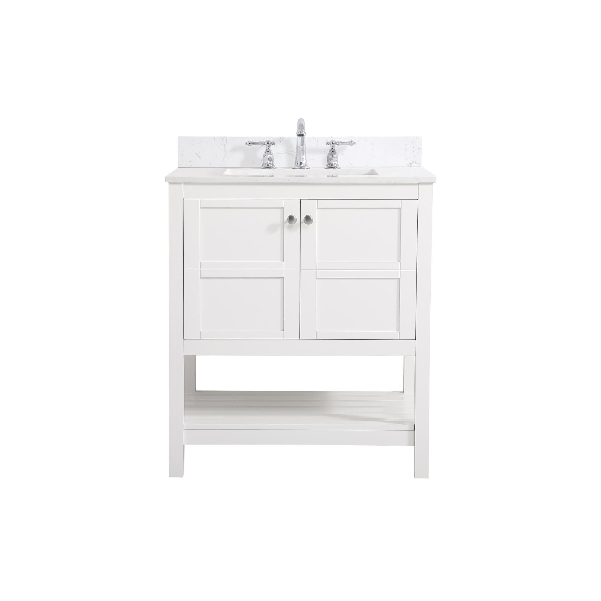 Shown in White And Brushed Nickel With Calacatta Quartz finish