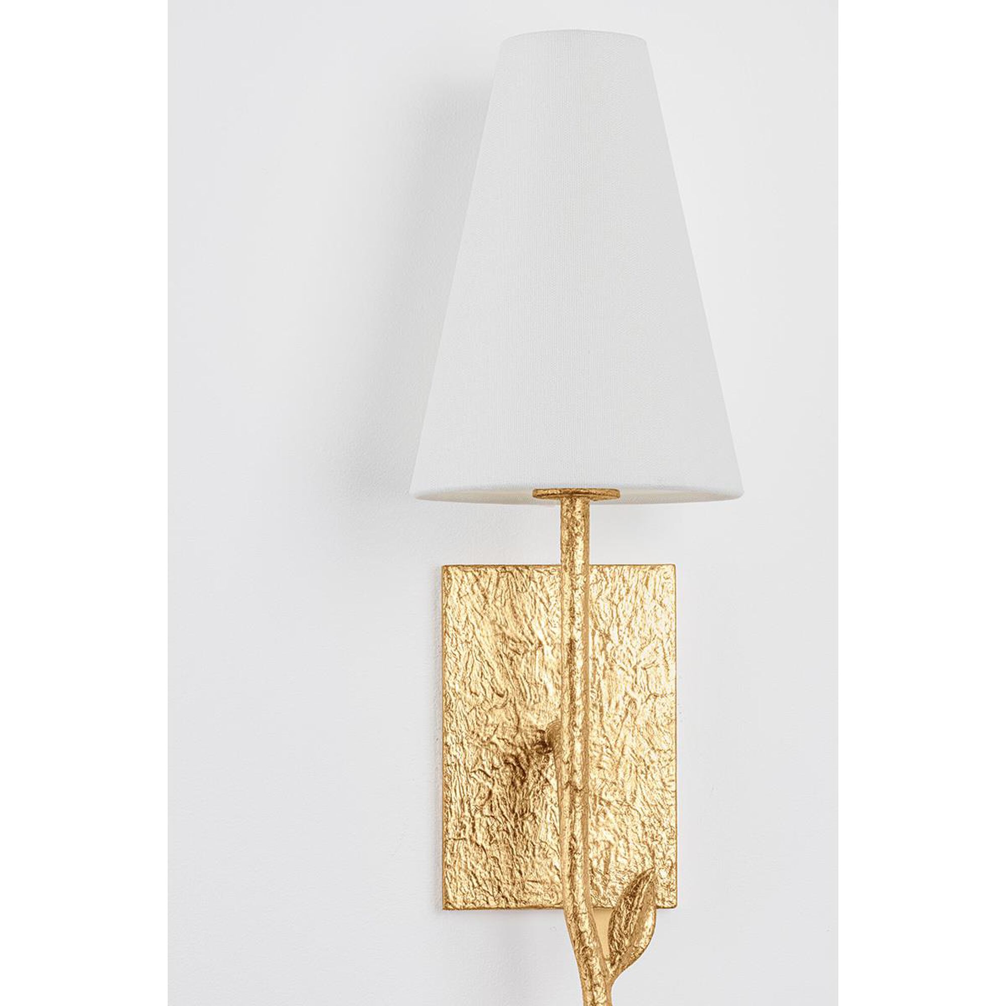 Shown in Vintage Gold Leaf finish and Off White Linen shade