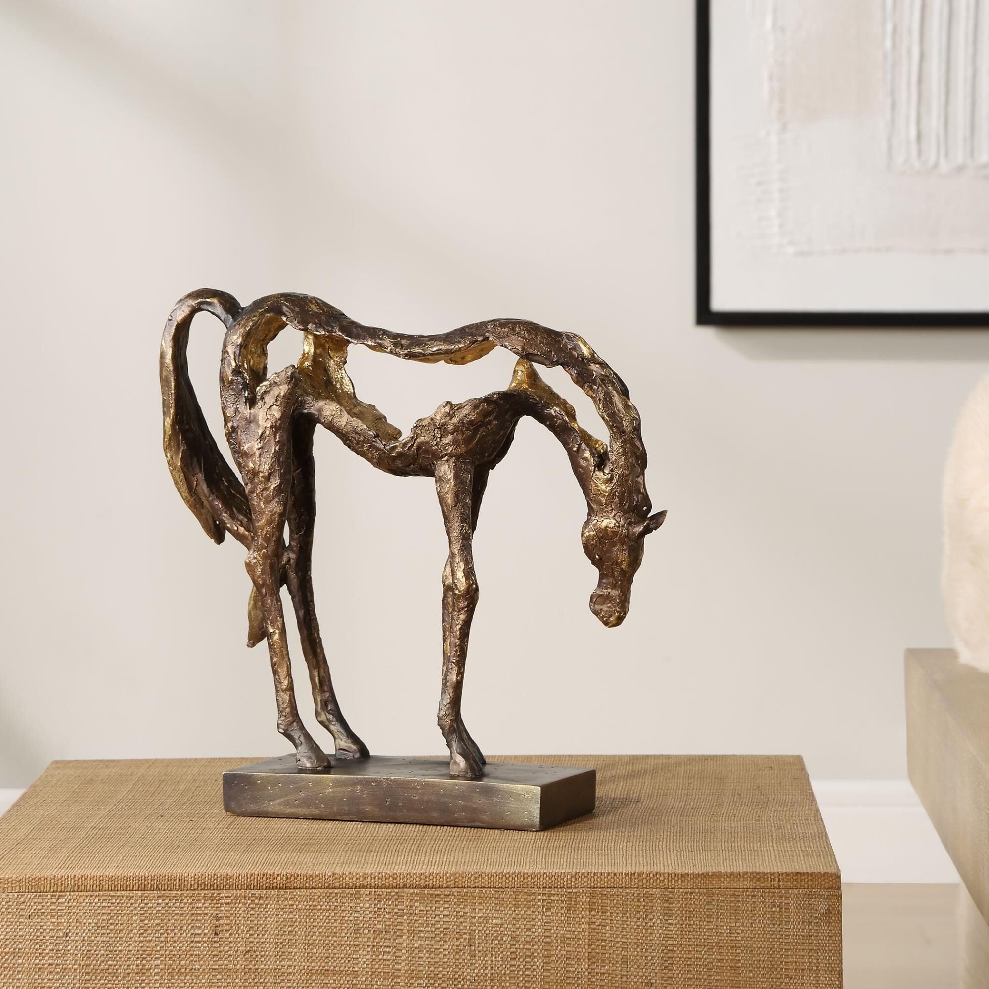 Shown in Openly Sculpted, Grazing Horse Sculpture Finished In A Heavily Textured, Antiqued Bronze With Dark B finish