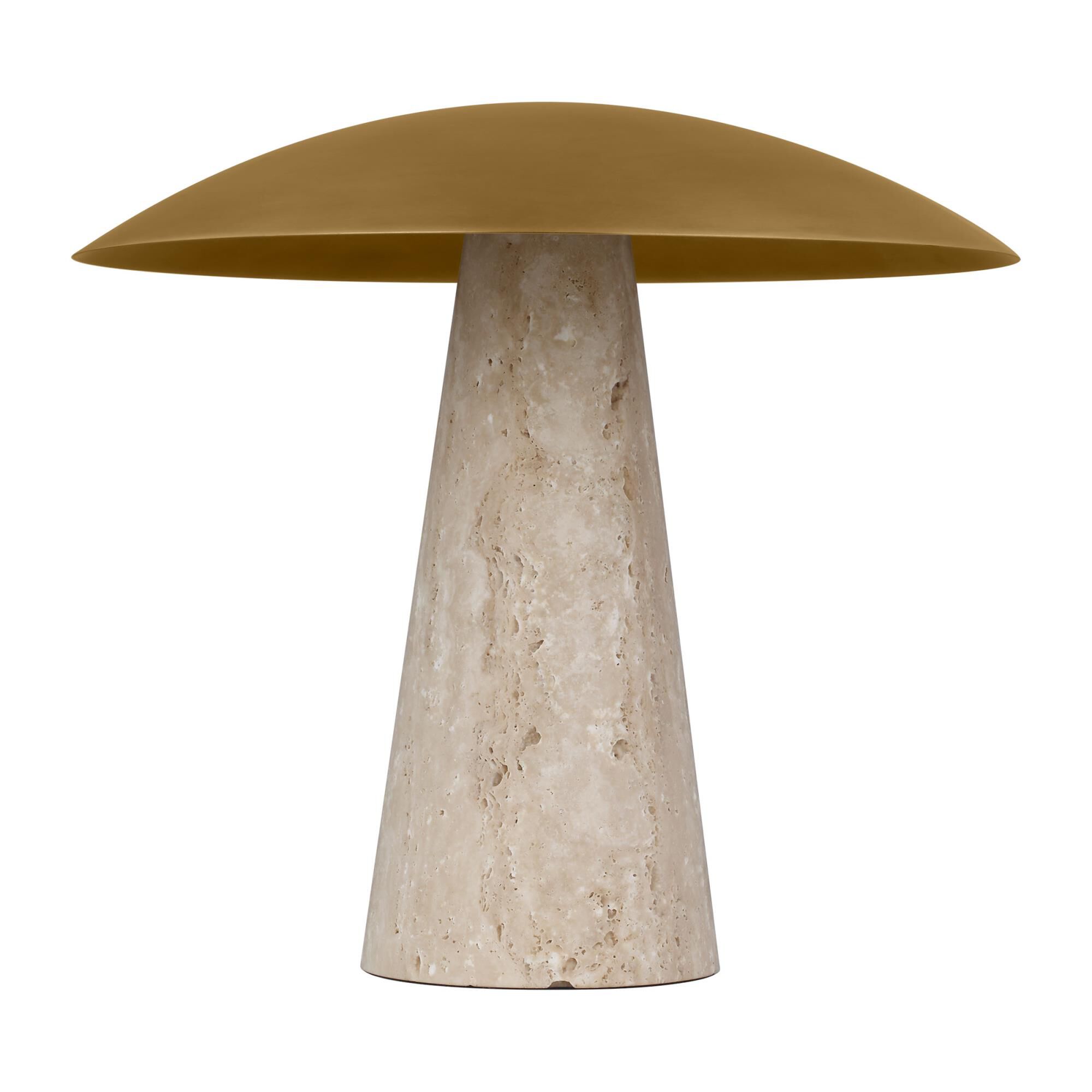 Shown in Natural Brass/Natural Travertine finish and Brass shade