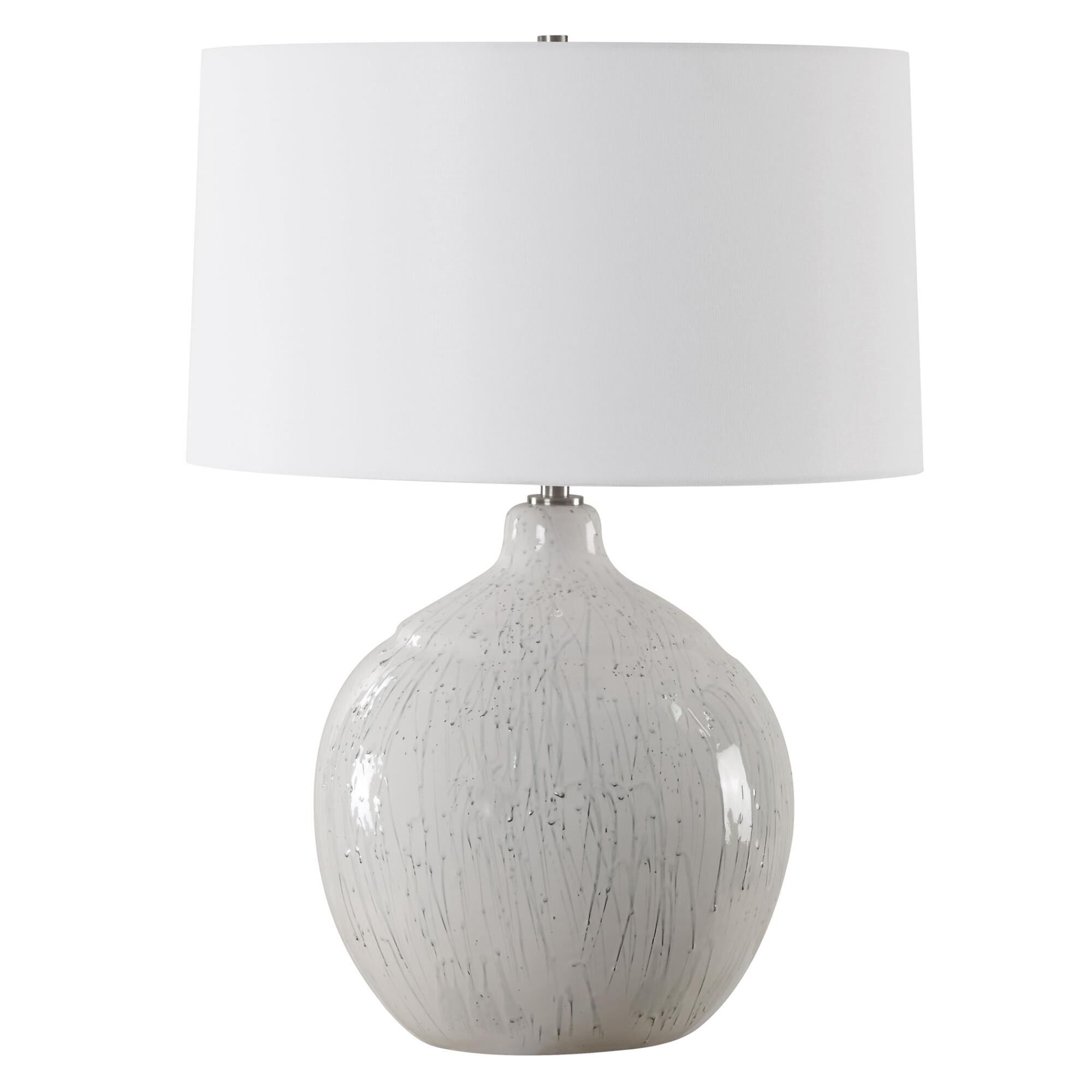 Shown in This Ceramic Table Lamp Features A White Glaze Finish With A Dripped Gray Texture, Paired With Plate finish and Round Hardback shade