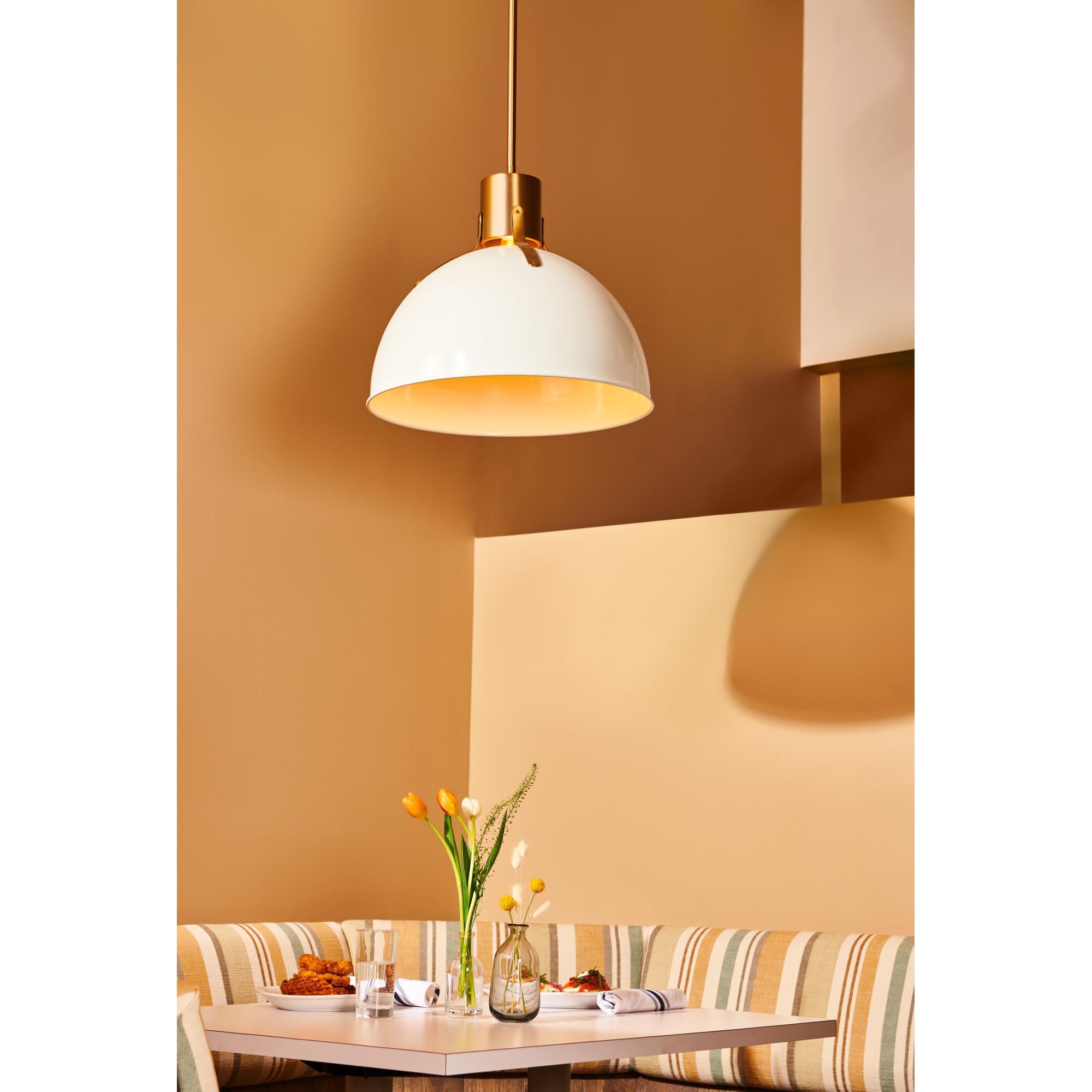 Shown in Polished White finish and Metal shade and Lacquered Brass accent