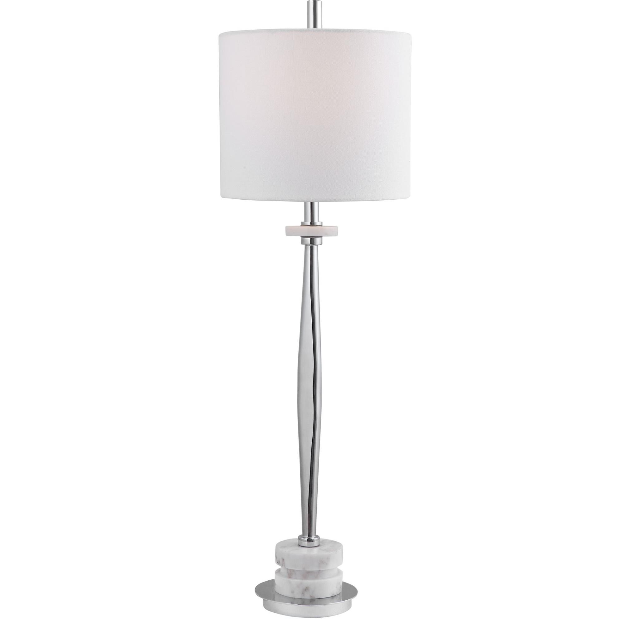 Shown in This Floor Lamp Features A Clean, Modern Look With A Chrome Plated Iron Base Paired With Polished Wh finish and Round Drum Hardback shade