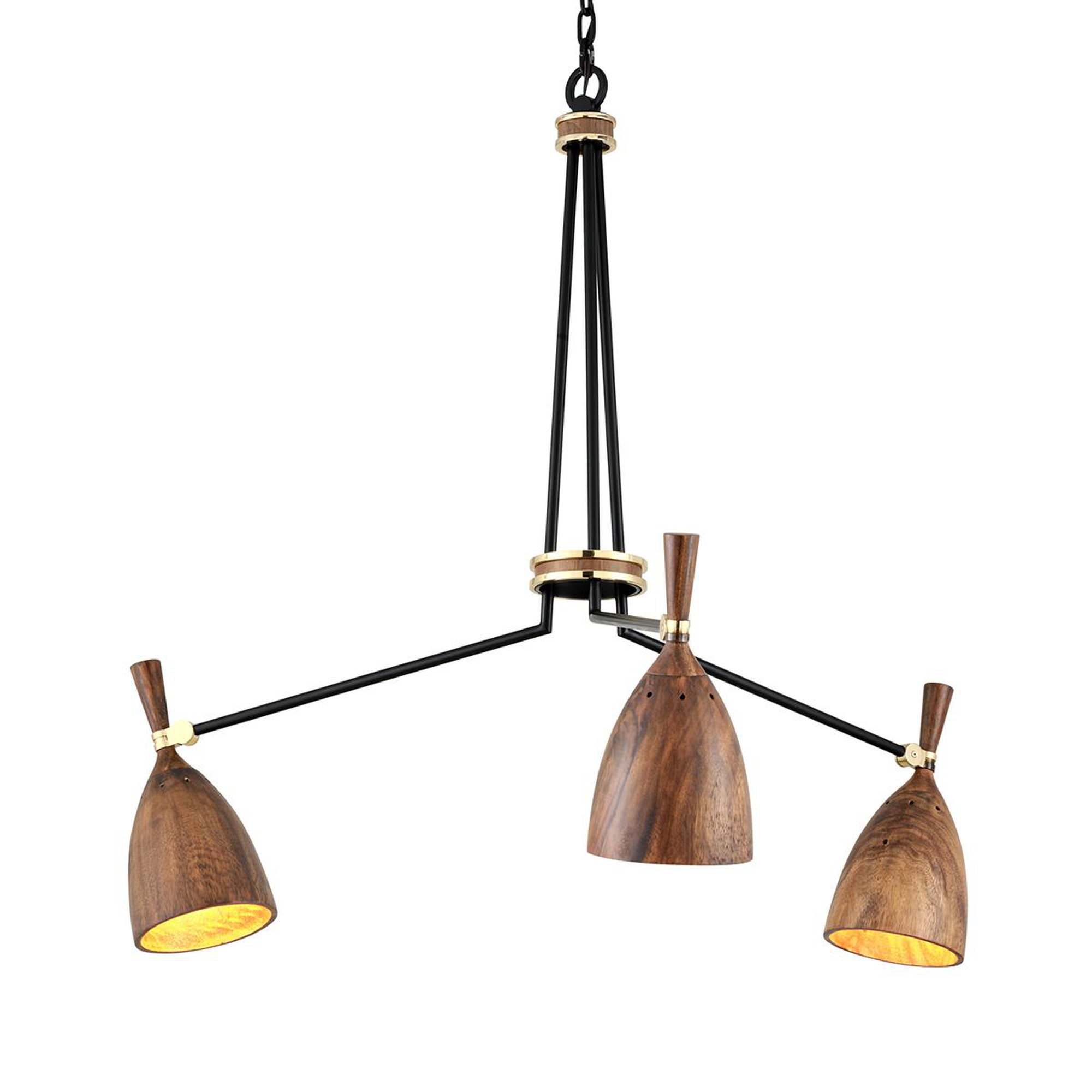 Shown in Satin Black finish and Acacia Wood shade and Polished Brass accent