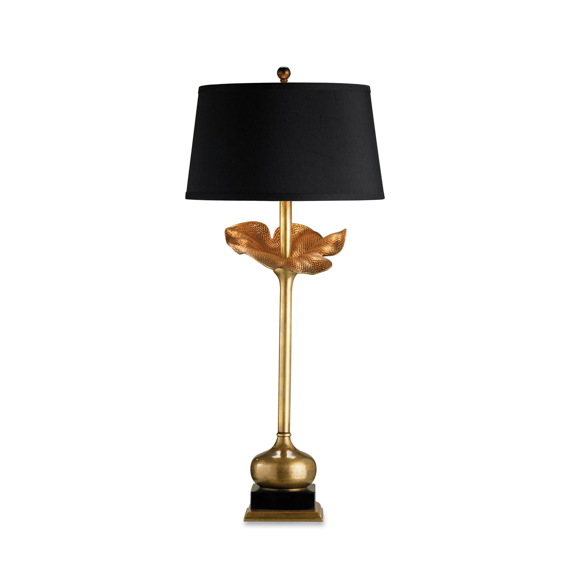 Shown in Antique Brass finish and Black Shantung shade