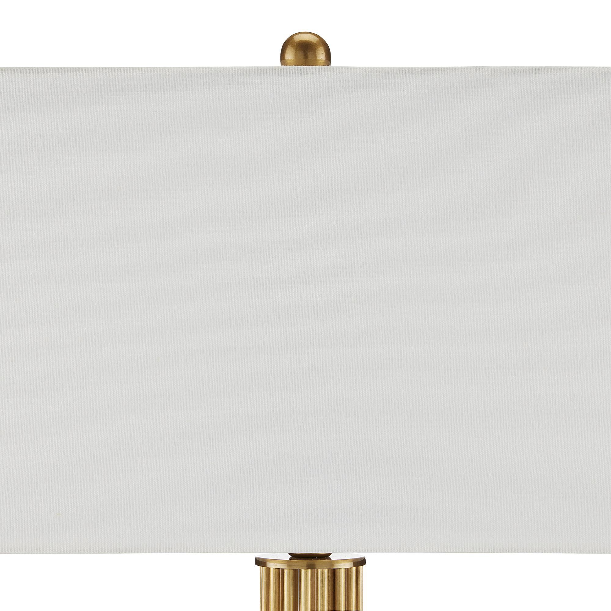 Shown in Antique Brass and White Marble finish and Bone Linen shade