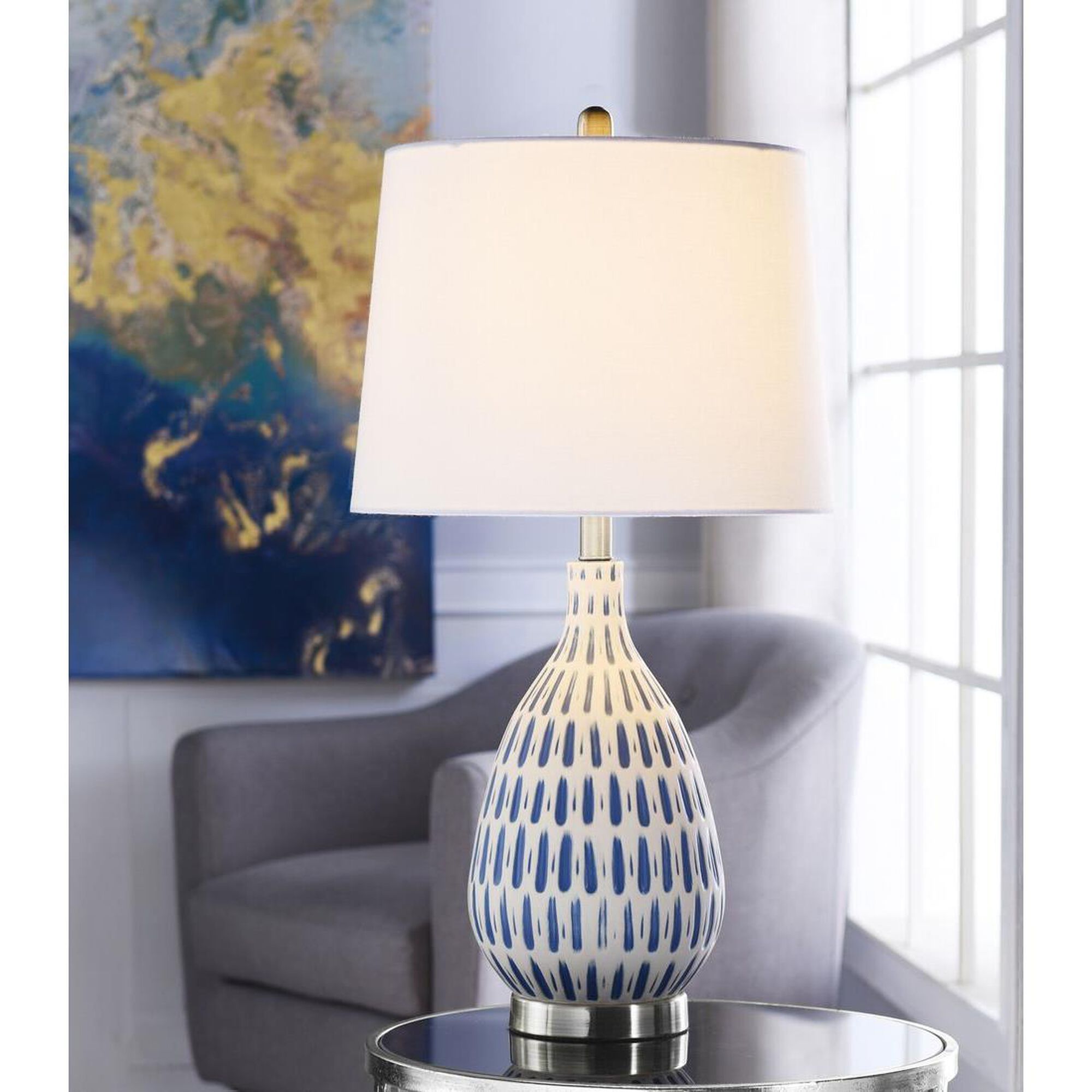 Shown in Off - White, Blue finish and Off White Hardback Fabric shade