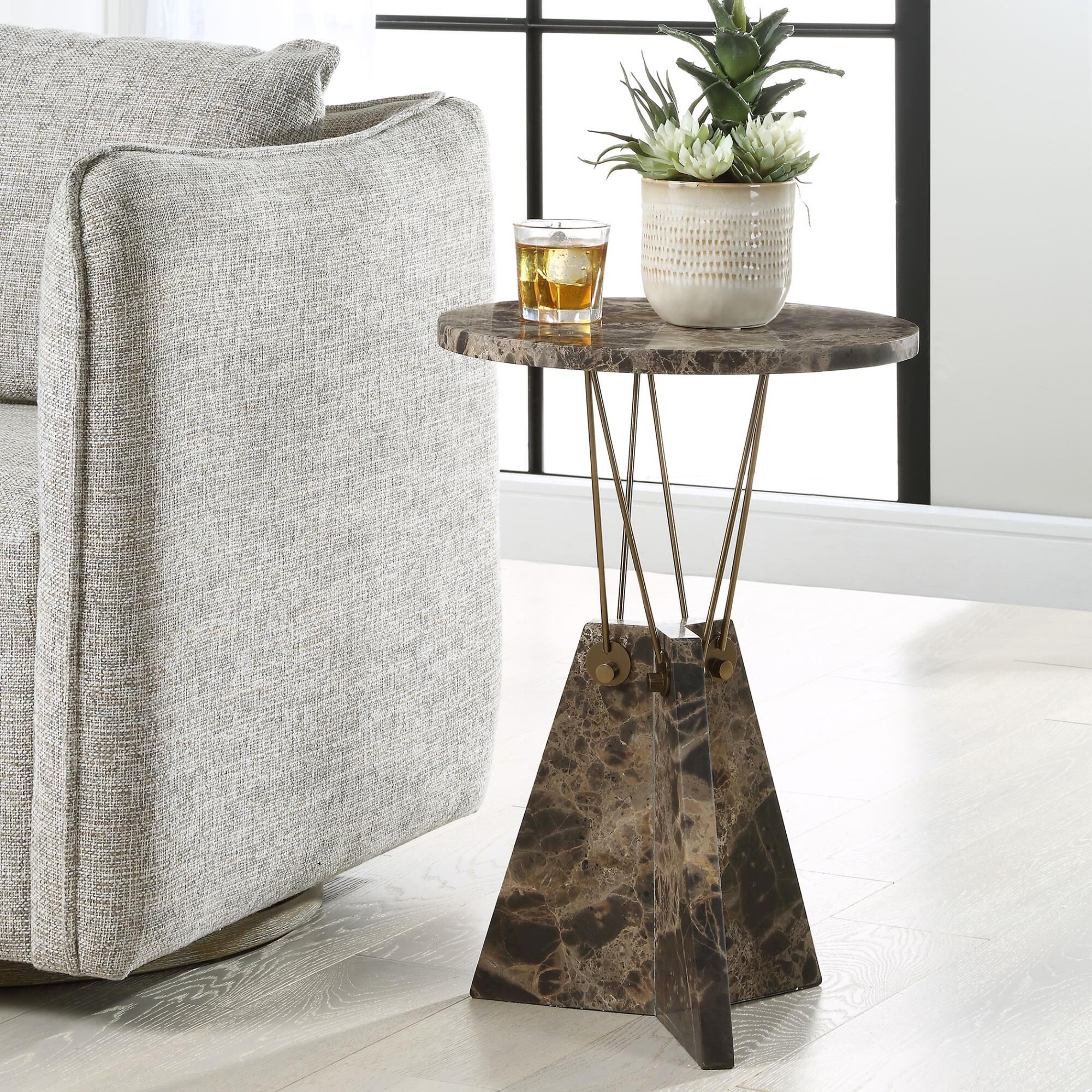 Shown in This Geometric Table Features A Round Top And Base Made Of Rich Emperador Brown Marble Connected By  finish