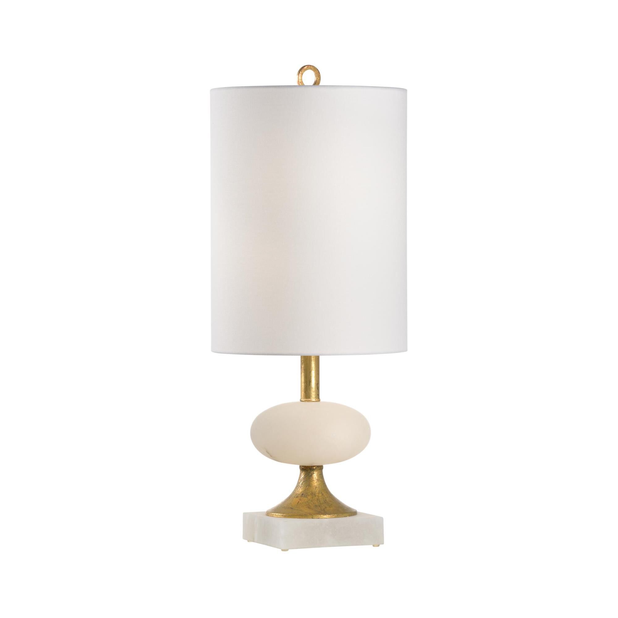 Shown in Natural White-Antique Gold Leaf finish and Off White Linen shade