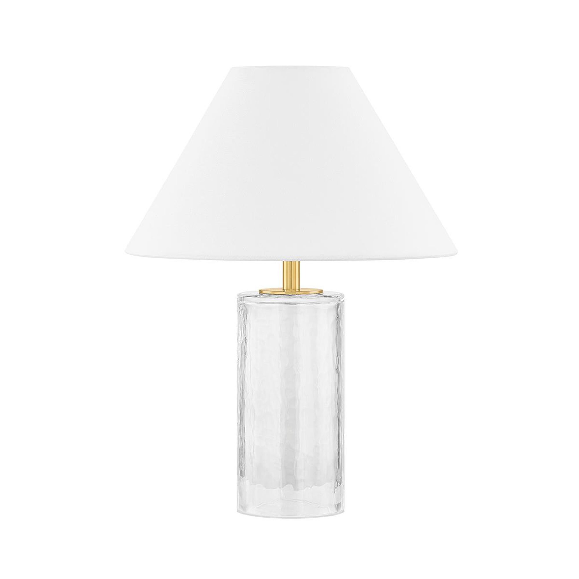 Shown in Aged Brass finish and White Linen shade