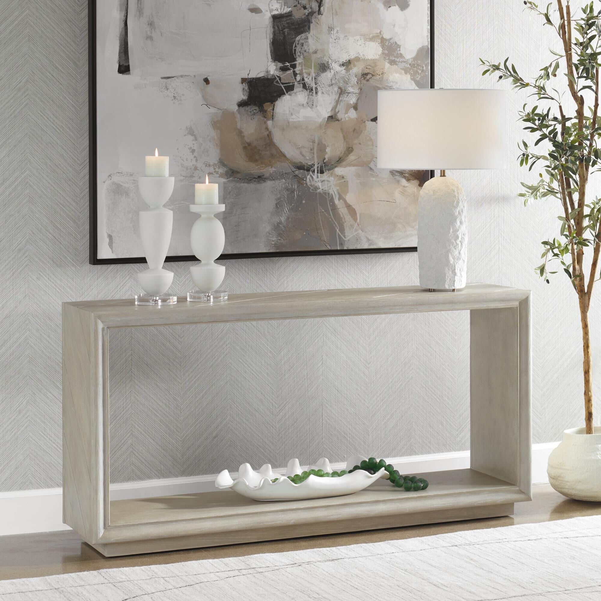 Shown in The Prism Console Is Know For Its Clean Rectangular Shape Providing Ample Surface Area For Displayin finish