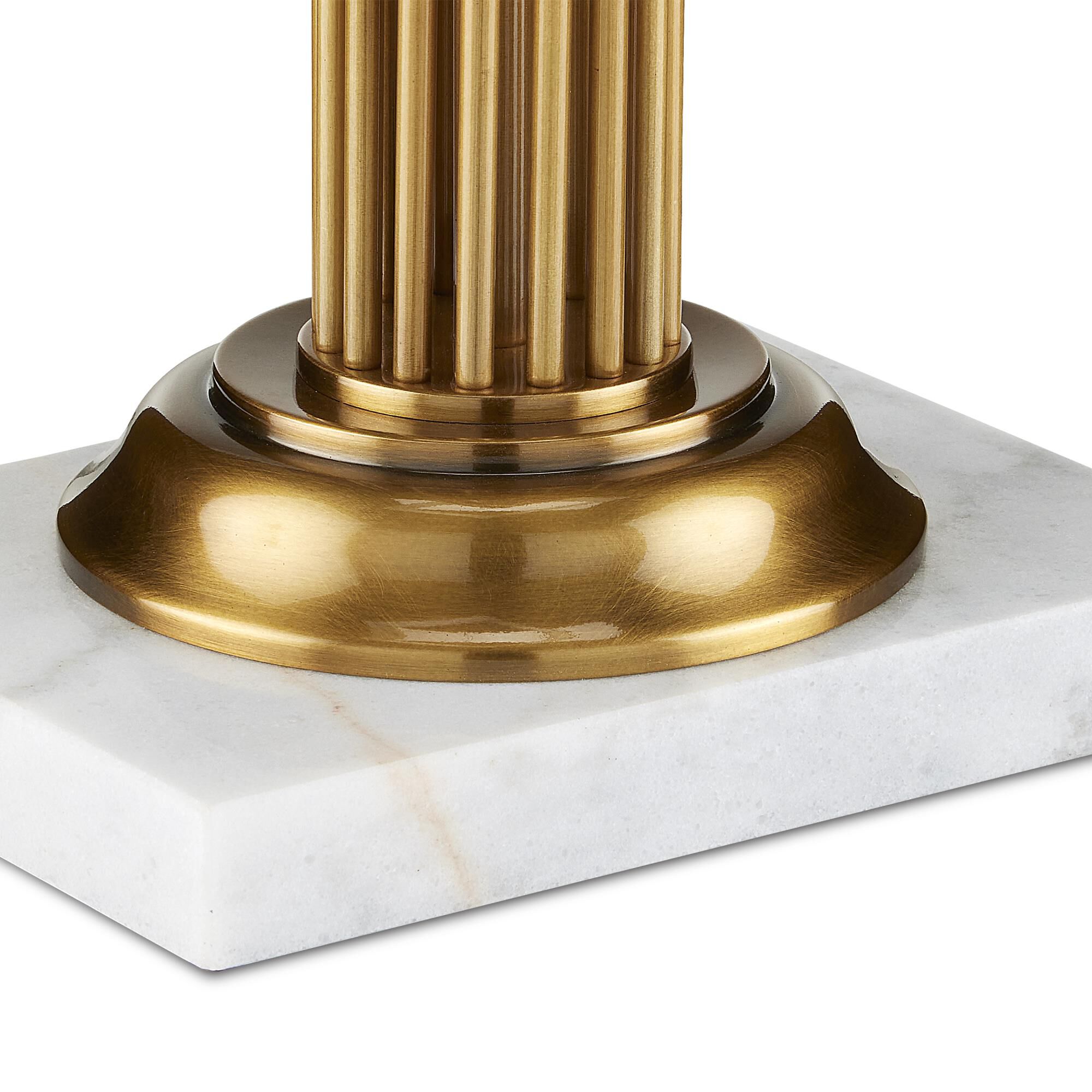 Shown in Antique Brass and White Marble finish and Bone Linen shade