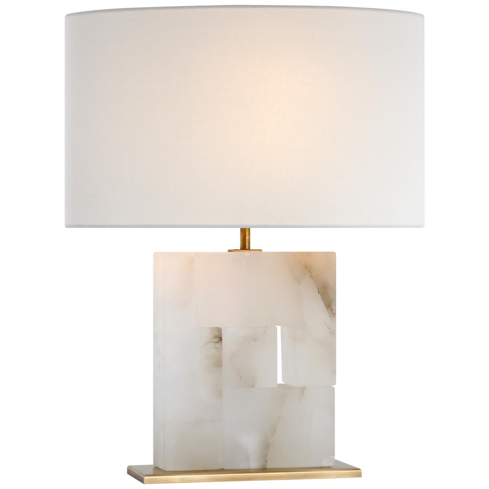 Shown in Alabaster and Hand-Rubbed Antique Brass finish and Linen Oval shade