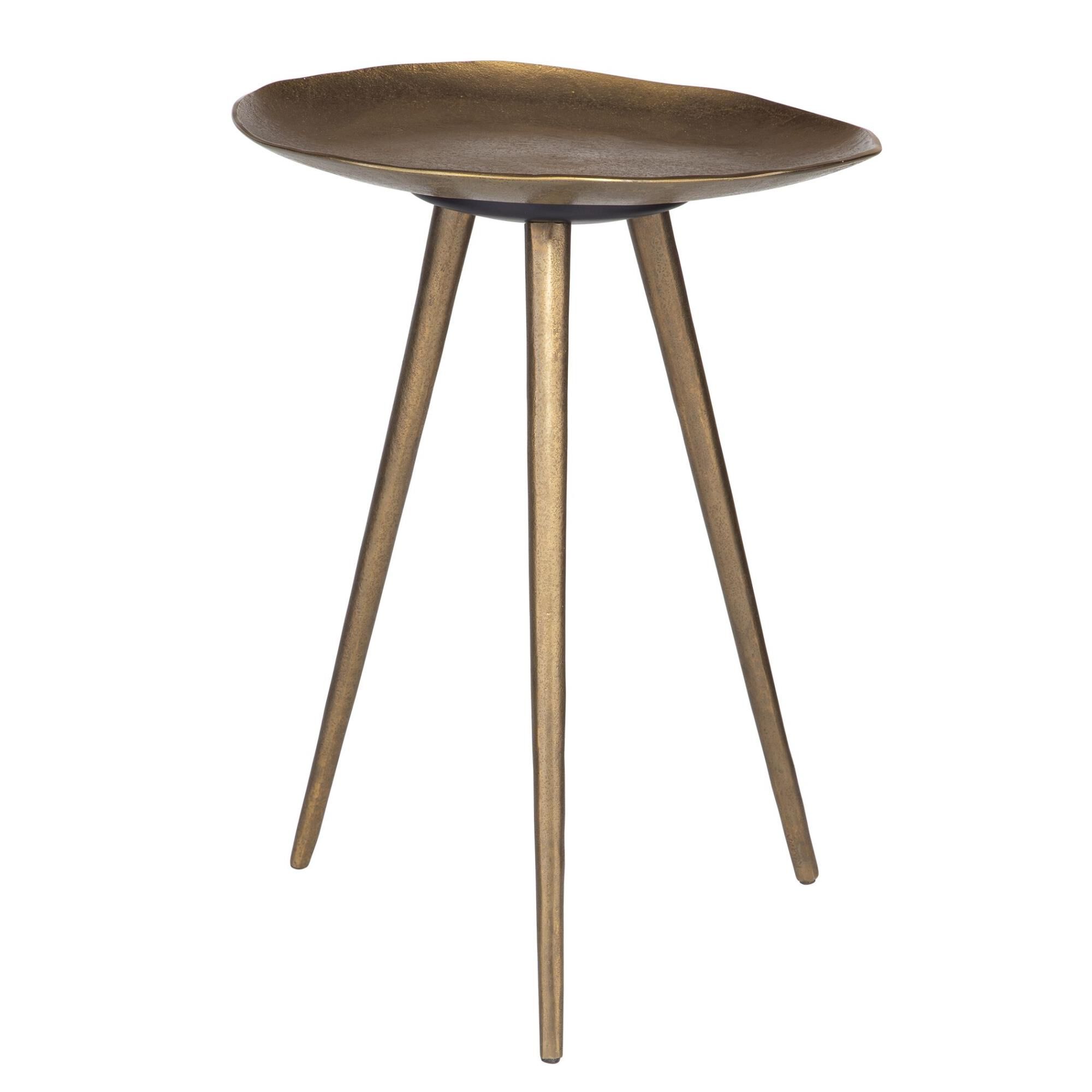 Shown in This Unique Accent Table Is Made From Cast Aluminum In An Antique Brass Finish. The Three Slender Le finish