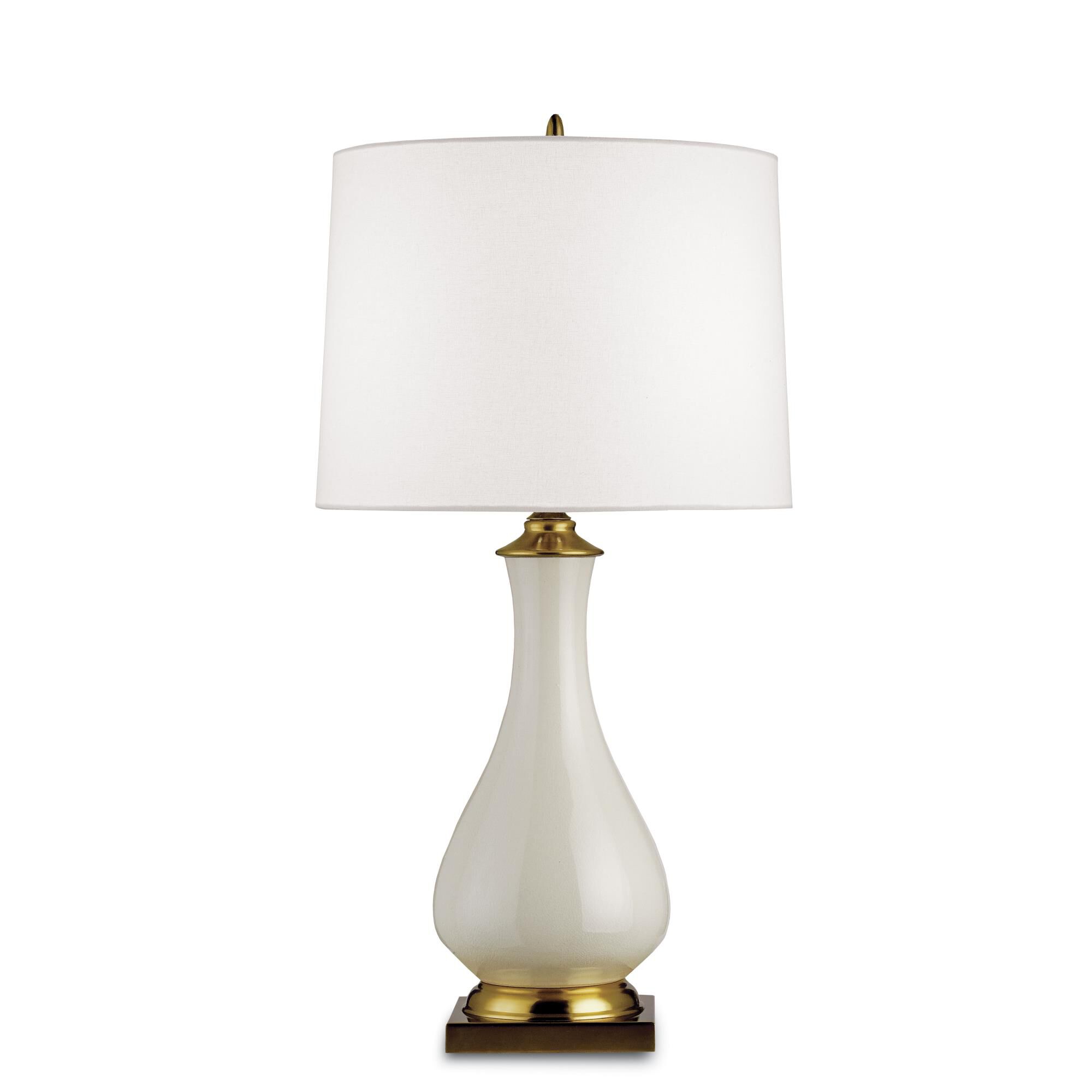 Shown in Cream Crackle-Brass finish and Off White Linen shade