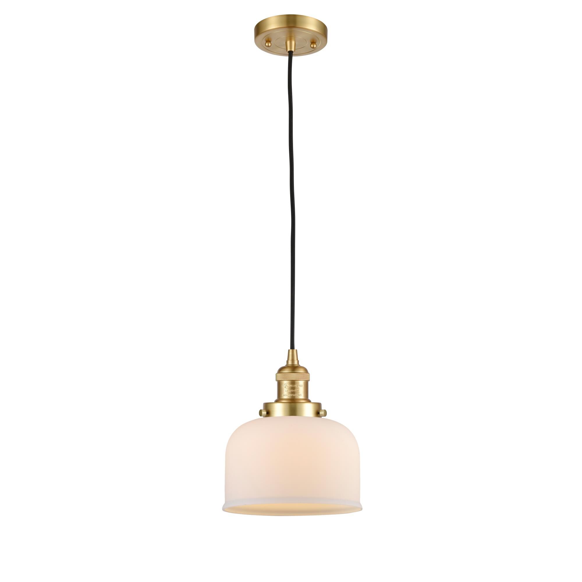 Shown in Satin Gold finish and Matte White Cased Large Bell glass