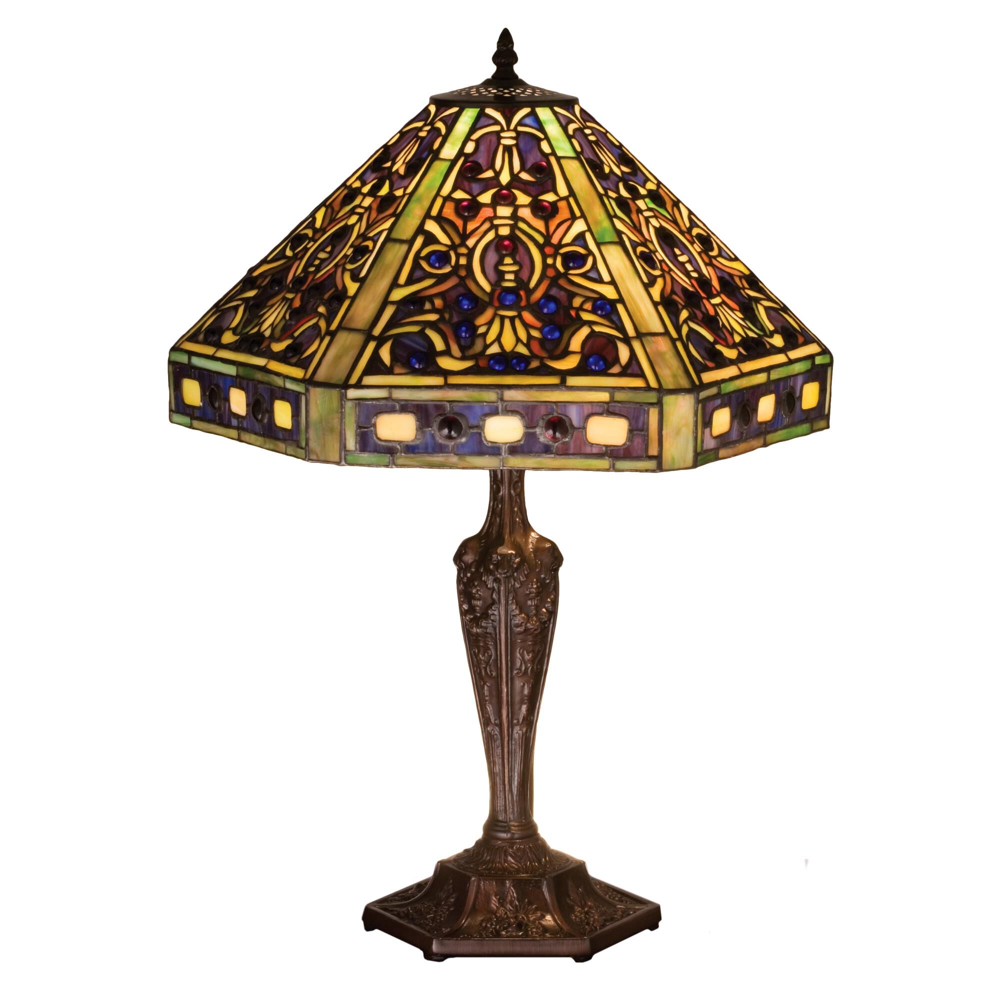 Shown in Mahogany Bronze finish and Moss Green-Cobalt Blue-Amber-Amethyst glass