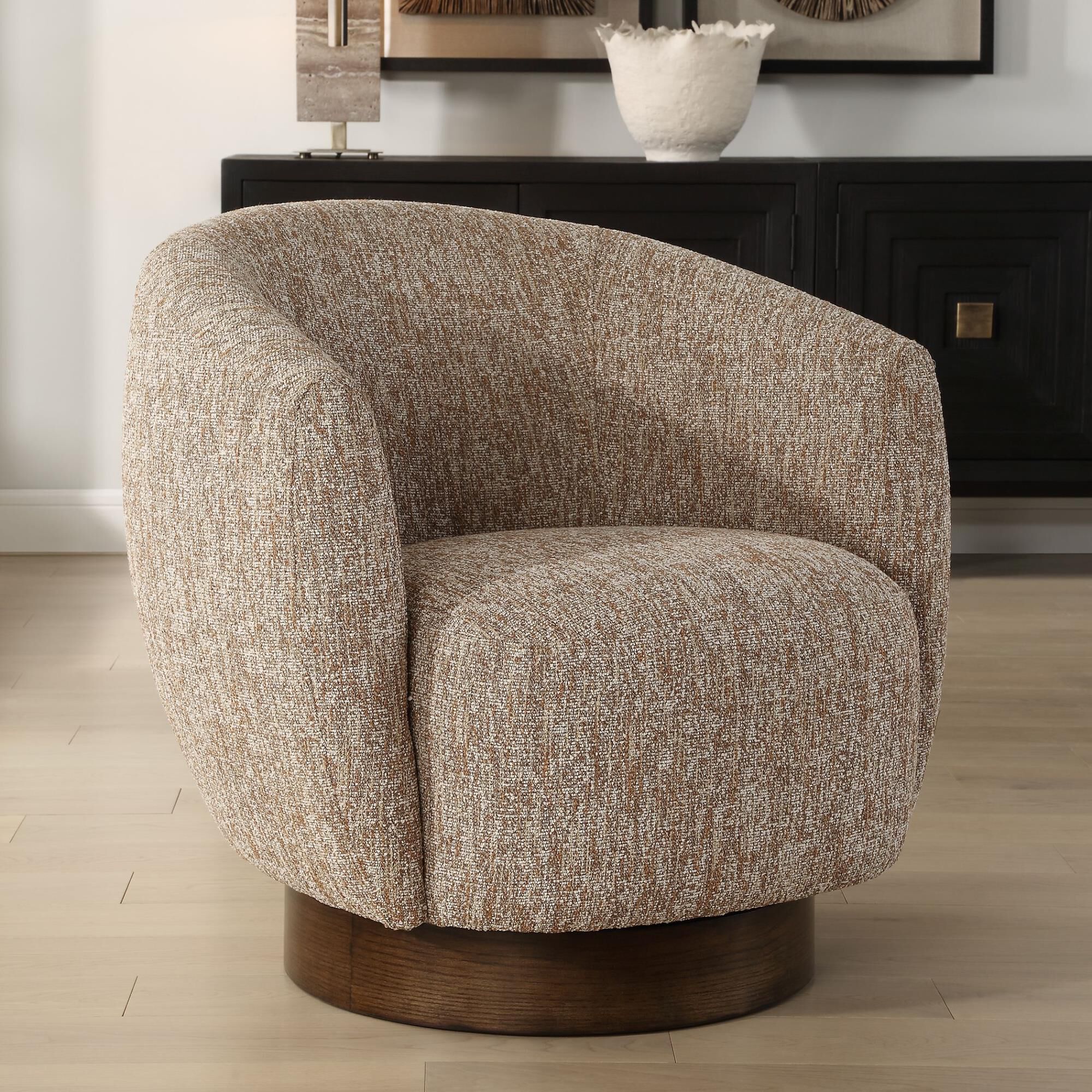 Shown in Embodying Richness Of Earth's Warm Tones, The Dunes Barrel Back Swivel Chair Features A Woven Fabric finish