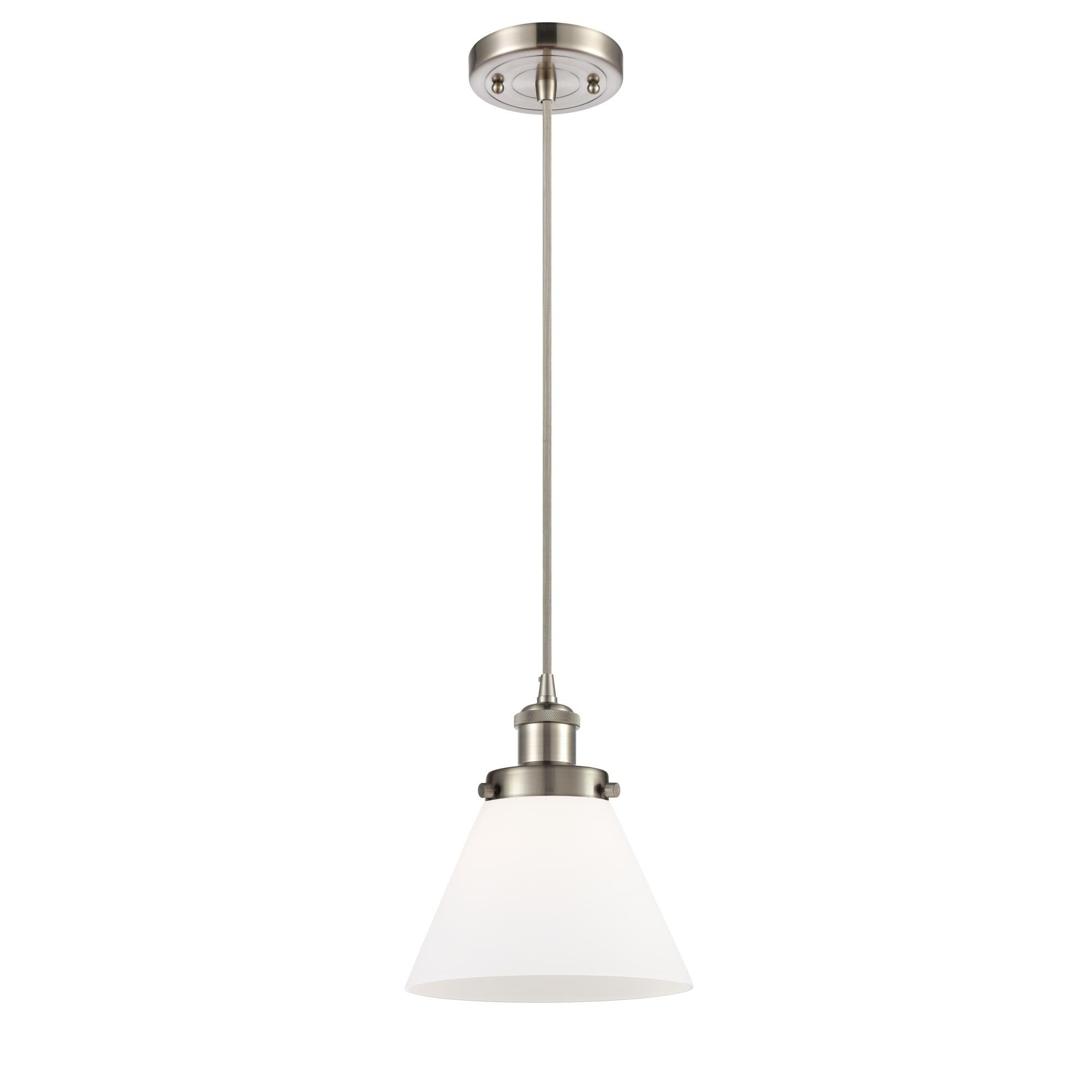 Shown in Brushed Satin Nickel finish and Cone glass and Glass shade