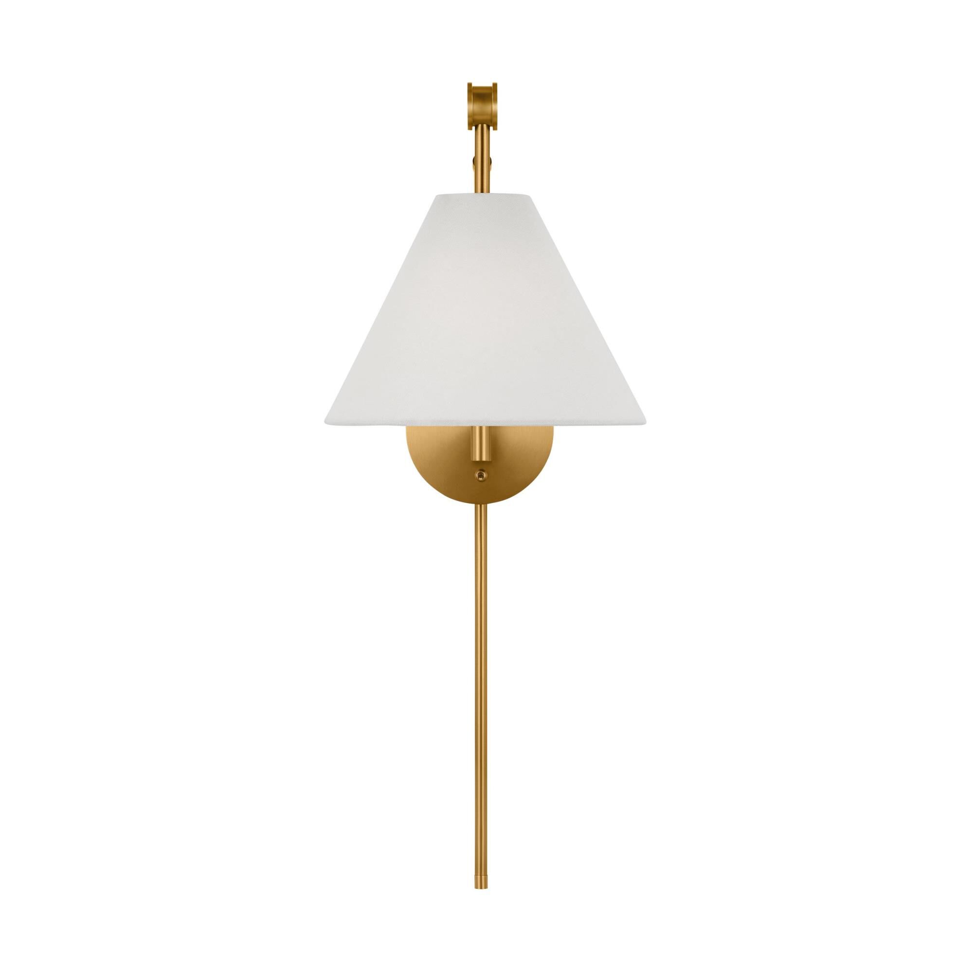 Shown in Burnished Brass finish and White LinenLinen shade