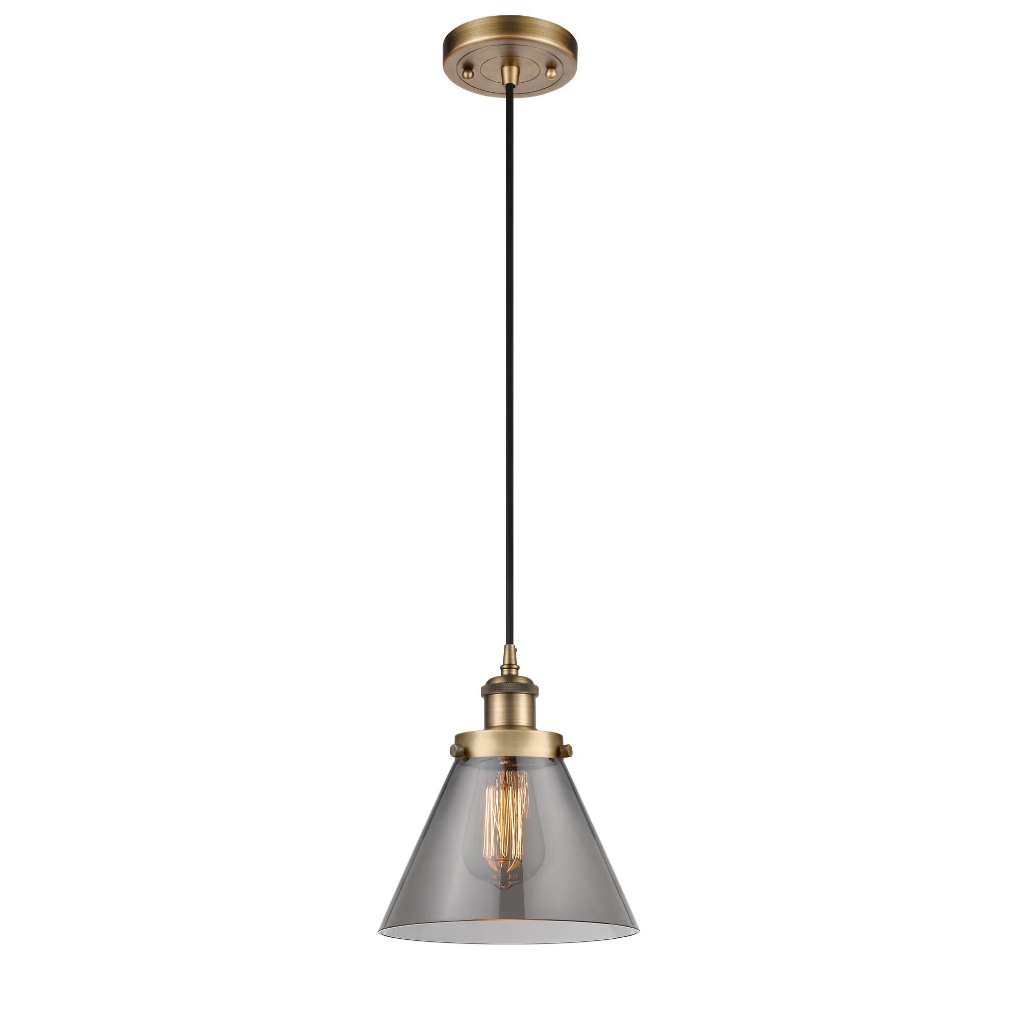 Shown in Brushed Brass finish and Plated Smoke Large Cone glass