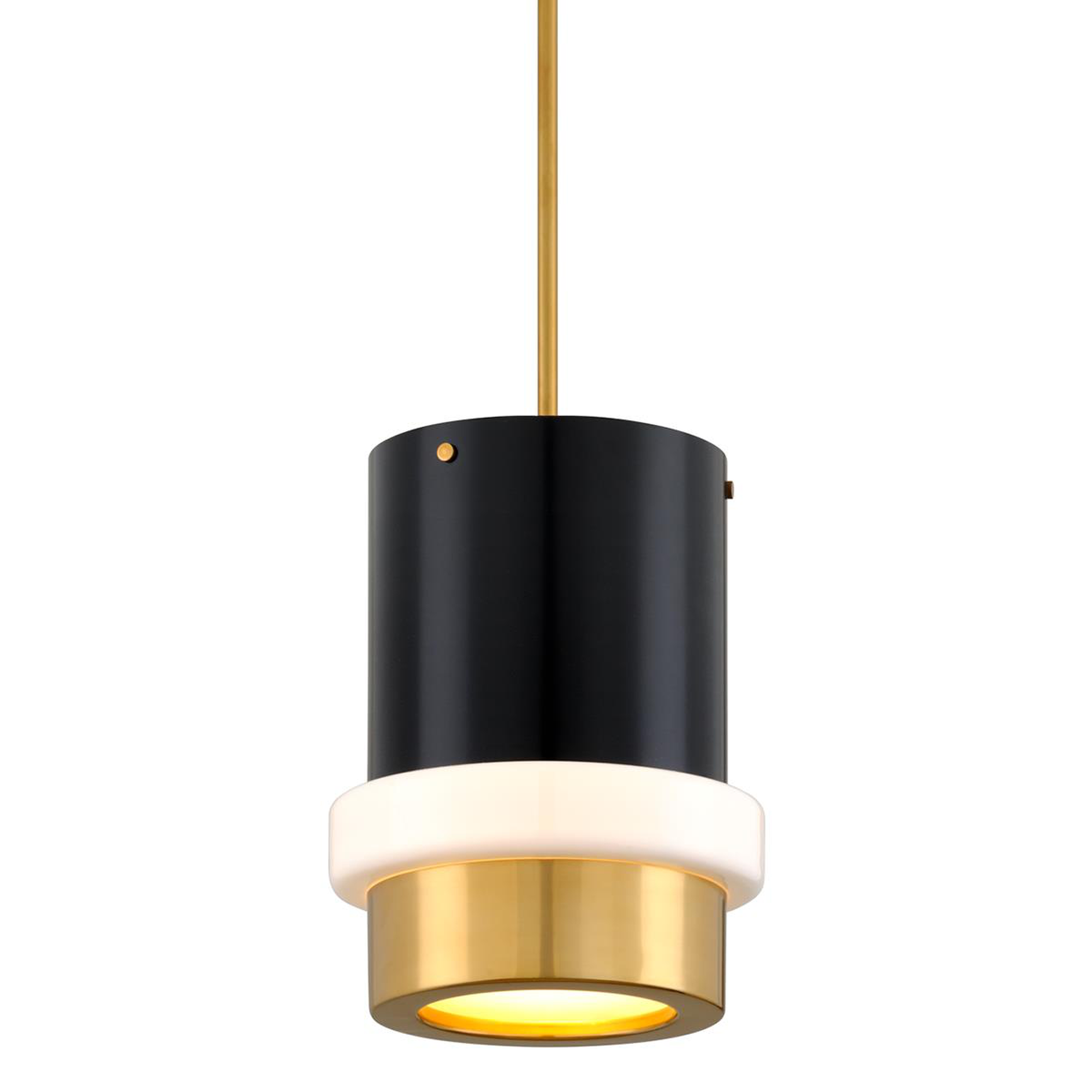 Shown in Vintage Polished Brass and Black finish and Opal White glass