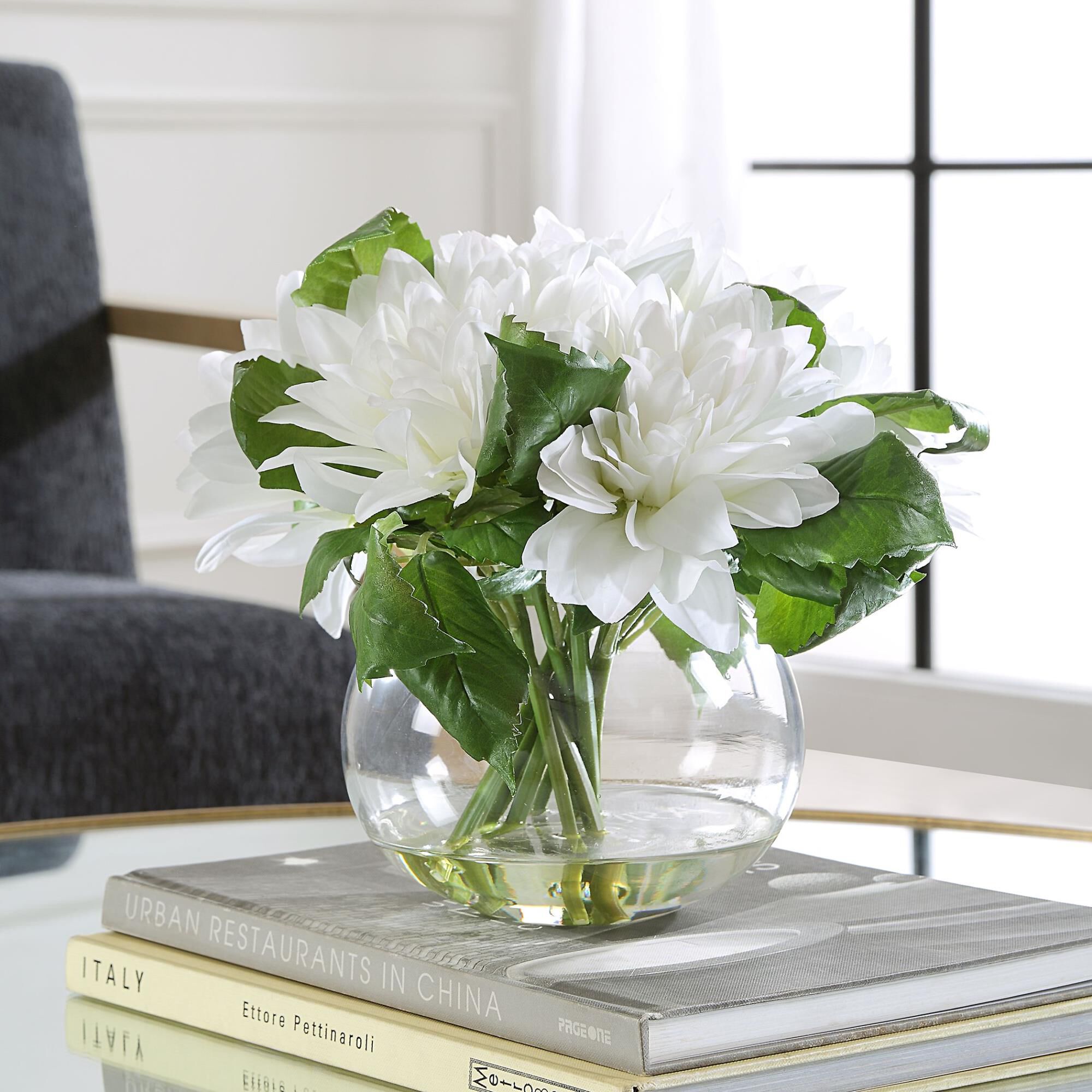 Shown in A Lush Bunch Of Pure White Dahlias In Clear Glass With Faux Water, As If Freshly Cut And Effortlessl finish