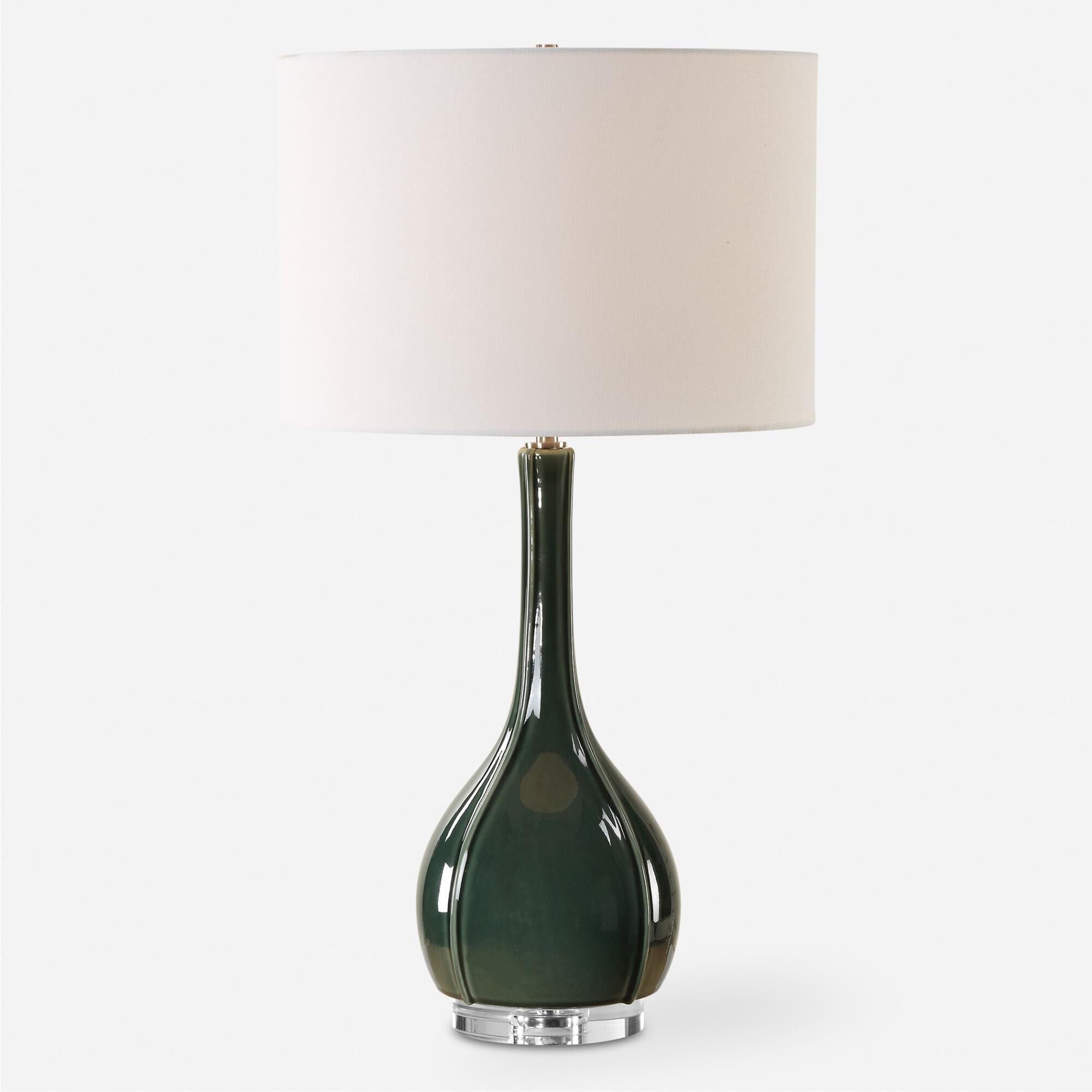 Shown in This Ceramic Fluted Base Is Adorned In A Hunter Green Crackled Glaze. This Sophisticated Table Lamp  finish and Round Drum Hardback shade