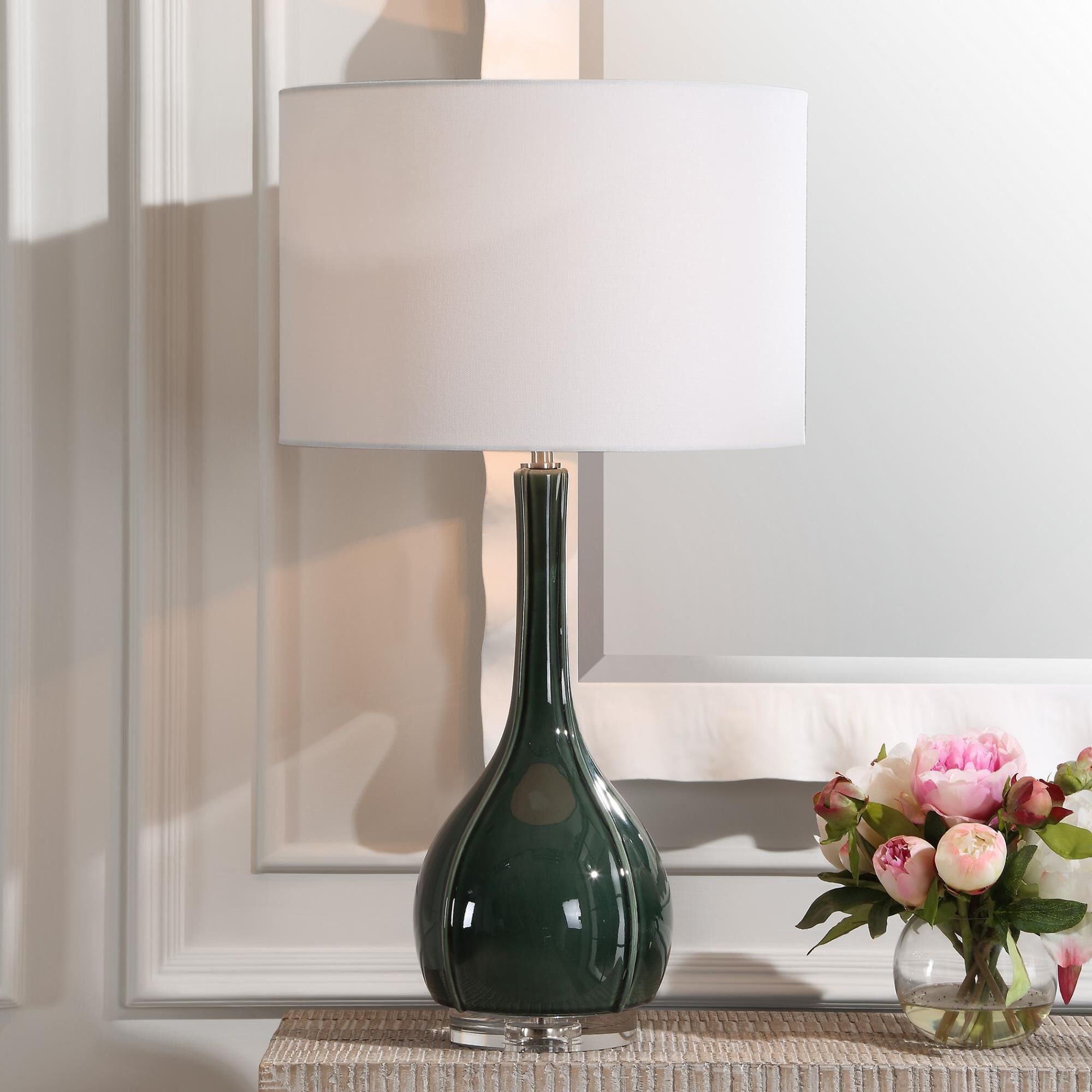 Shown in This Ceramic Fluted Base Is Adorned In A Hunter Green Crackled Glaze. This Sophisticated Table Lamp  finish and Round Drum Hardback shade