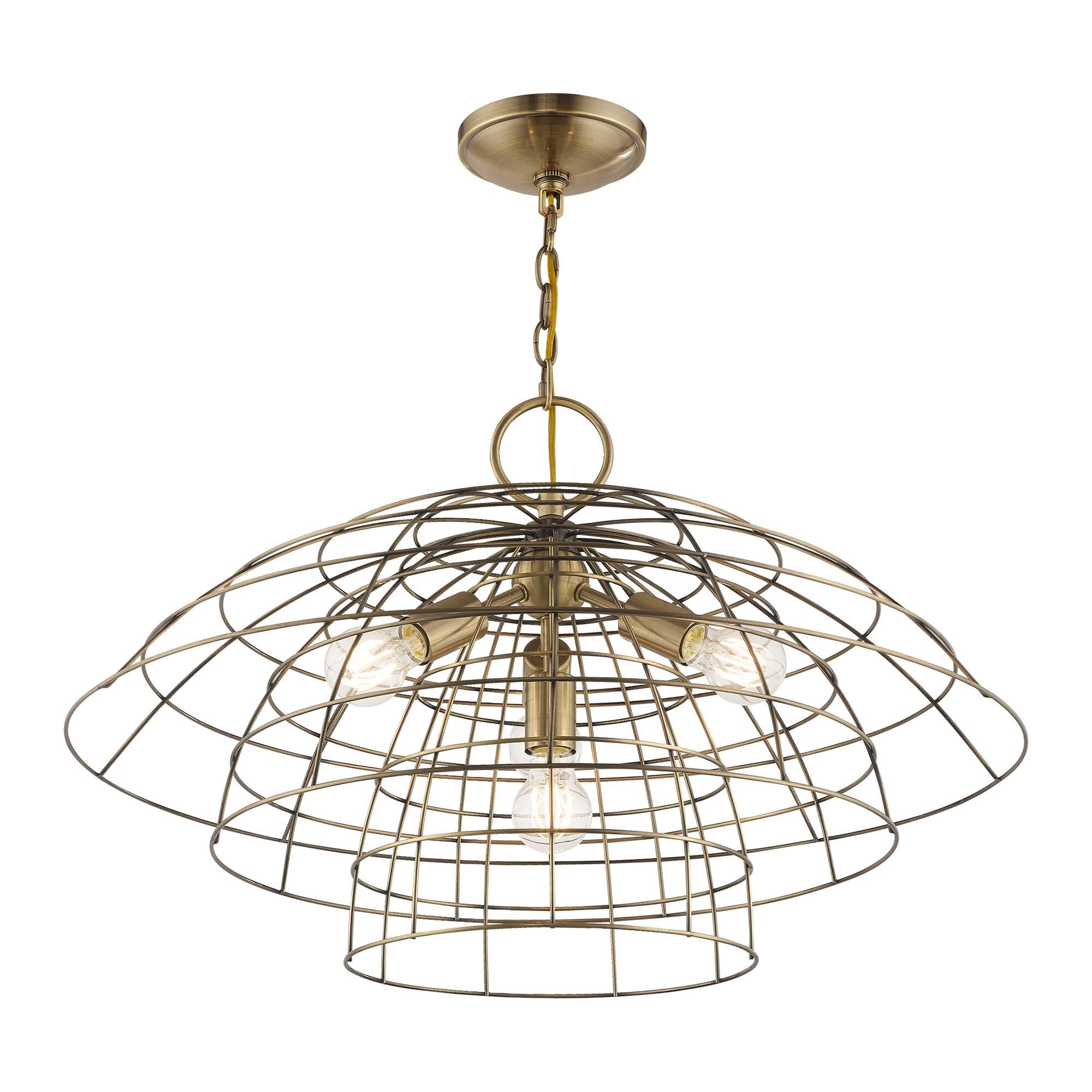 Shown in Antique Brass finish and Antique Brass Hand Crafted Steel Wire Cage shade