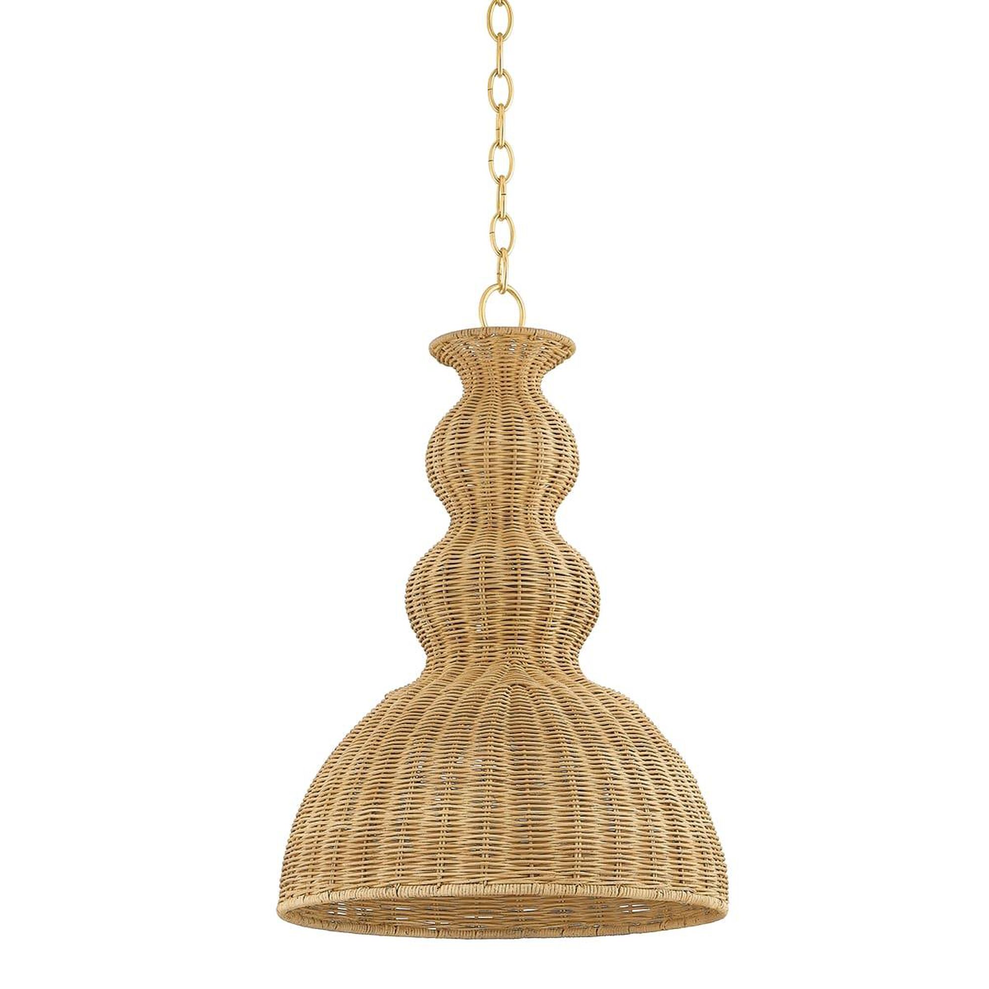 Shown in Aged Brass finish and Light Natural Wicker shade