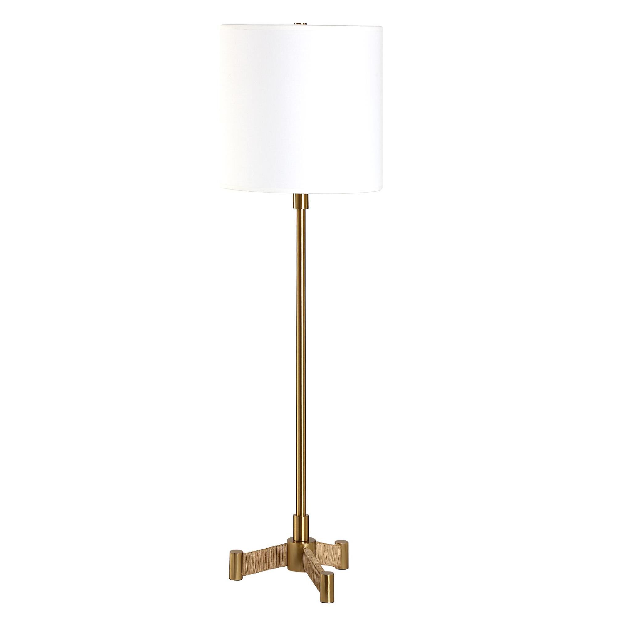 Shown in This Versatile Buffet Lamp Showcases A Plated Brass Slim Metal Base Accented By Rattan Wrapped Legs. finish and Round Hardback shade