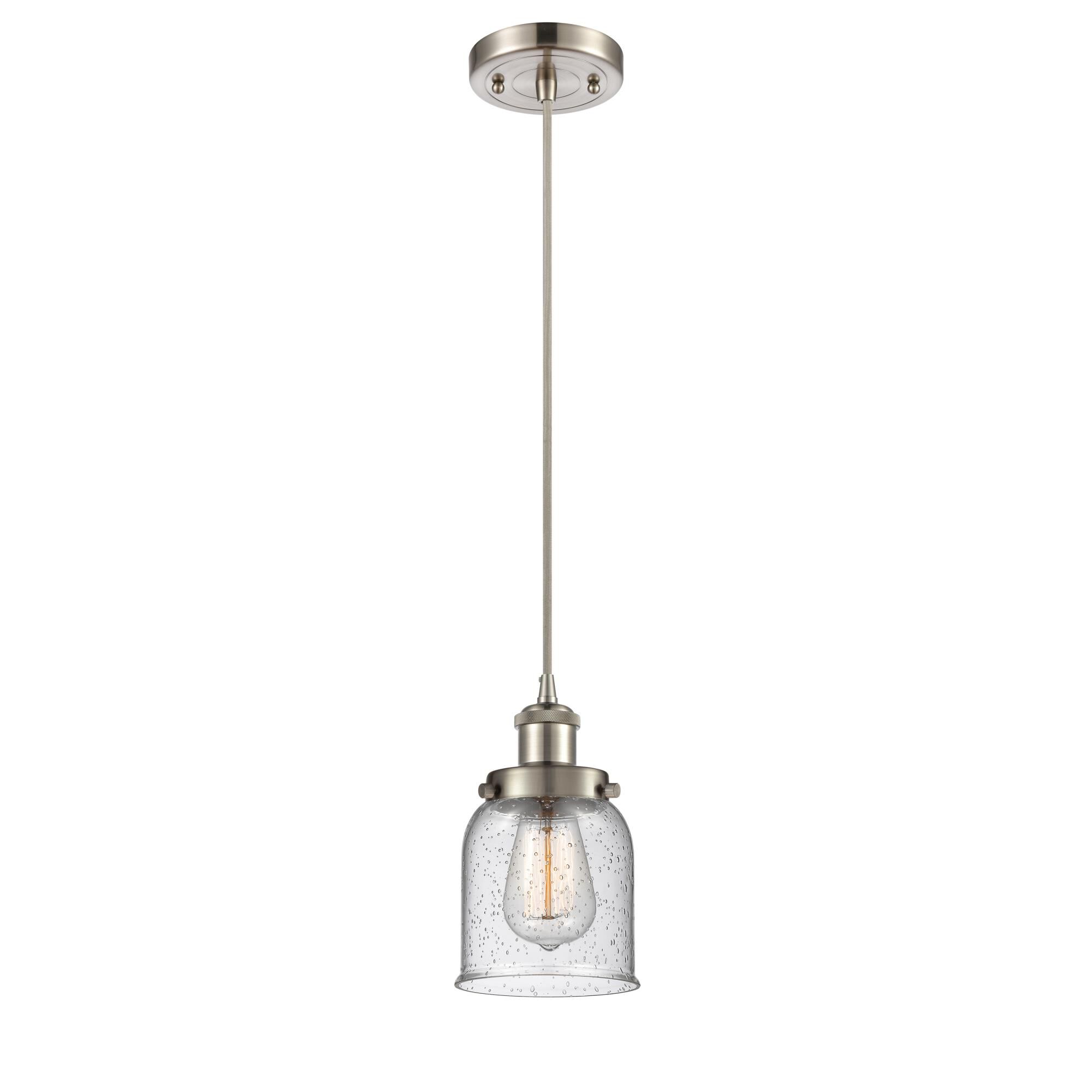 Shown in Brushed Satin Nickel finish and Seedy Small Bell glass and None shade