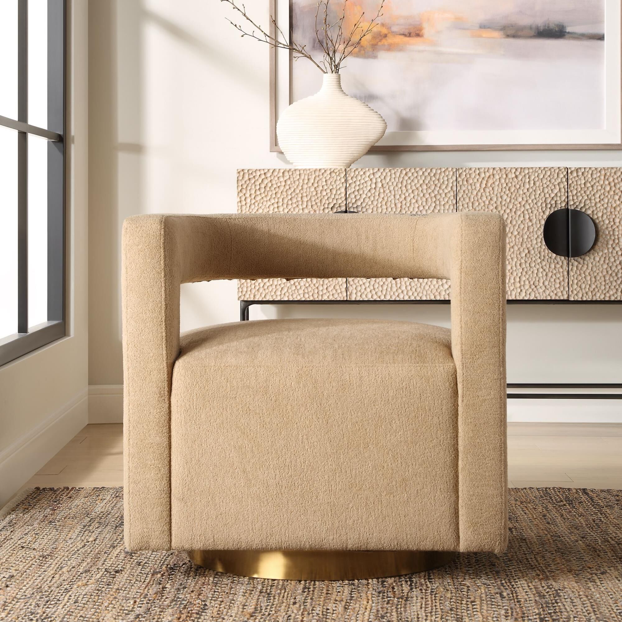 Shown in A Luxuriously Modern Style Created By The Floating Barrel Back Design, Upholstered In A Textured Bou finish