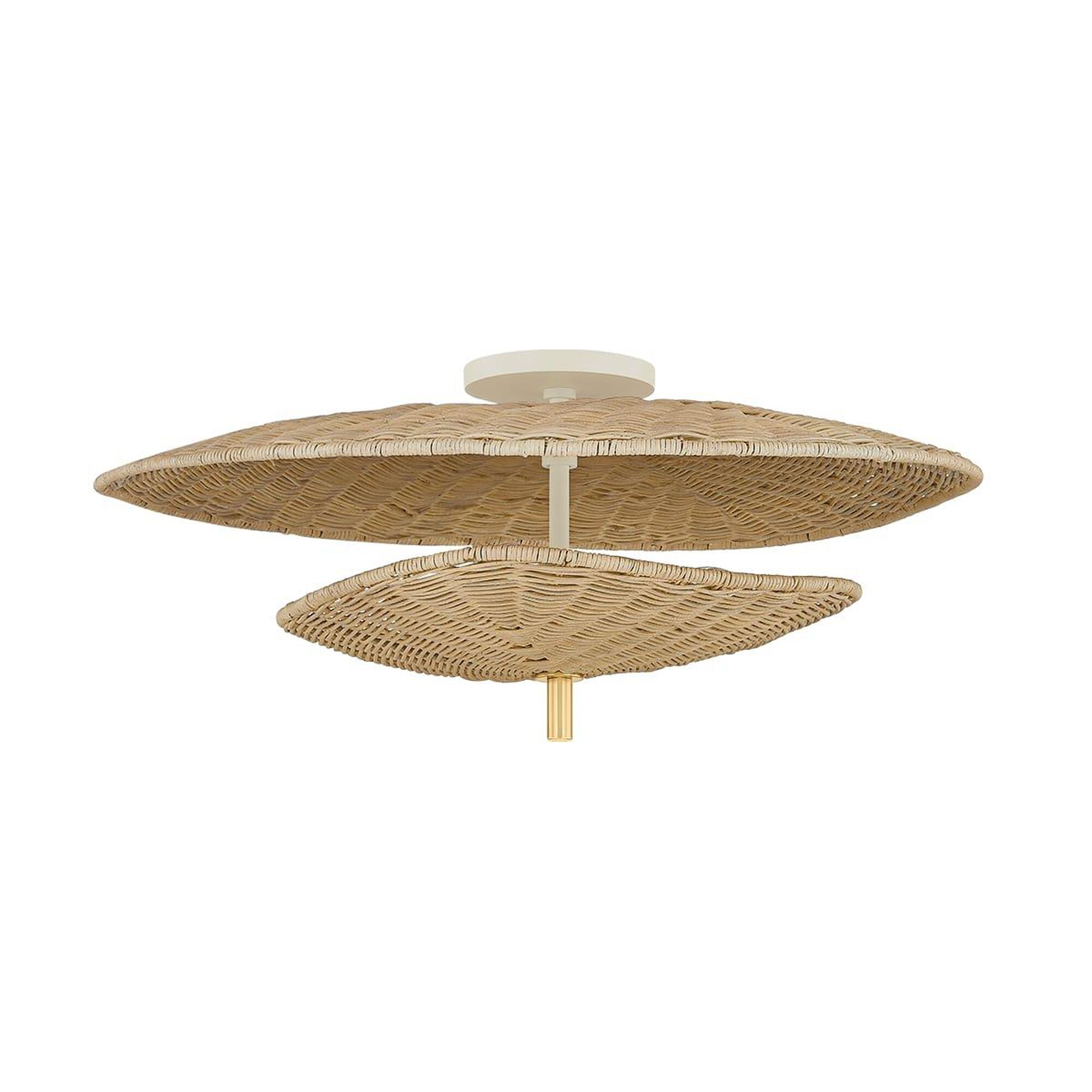 Shown in Aged Brass finish and Light Natural Wicker shade