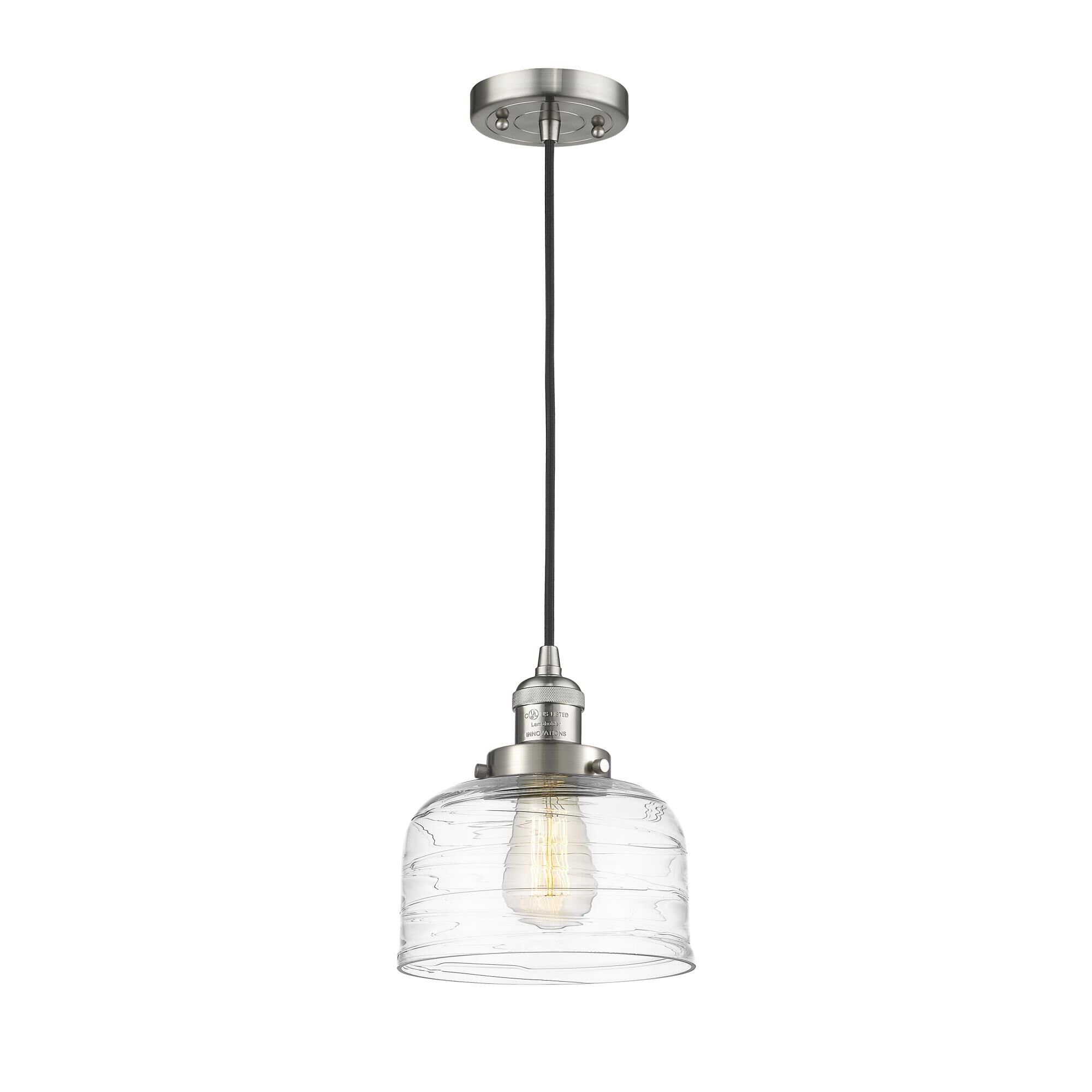 Shown in Brushed Satin Nickel finish and Clear Deco Swirl Large Bell glass