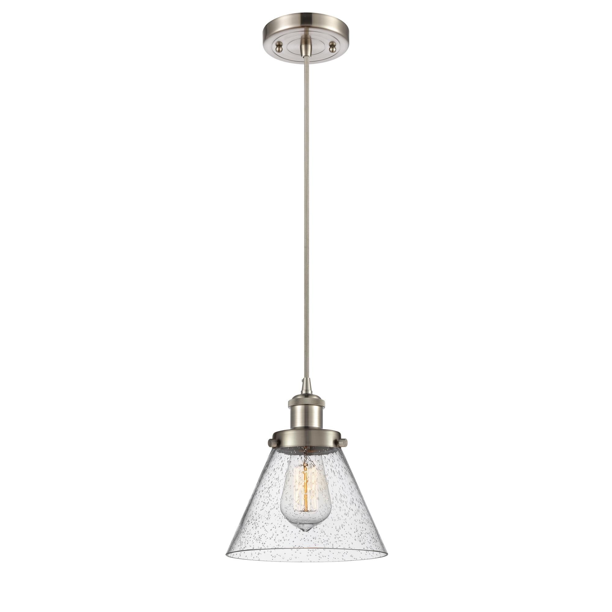 Shown in Brushed Satin Nickel finish and Cone glass and Glass shade