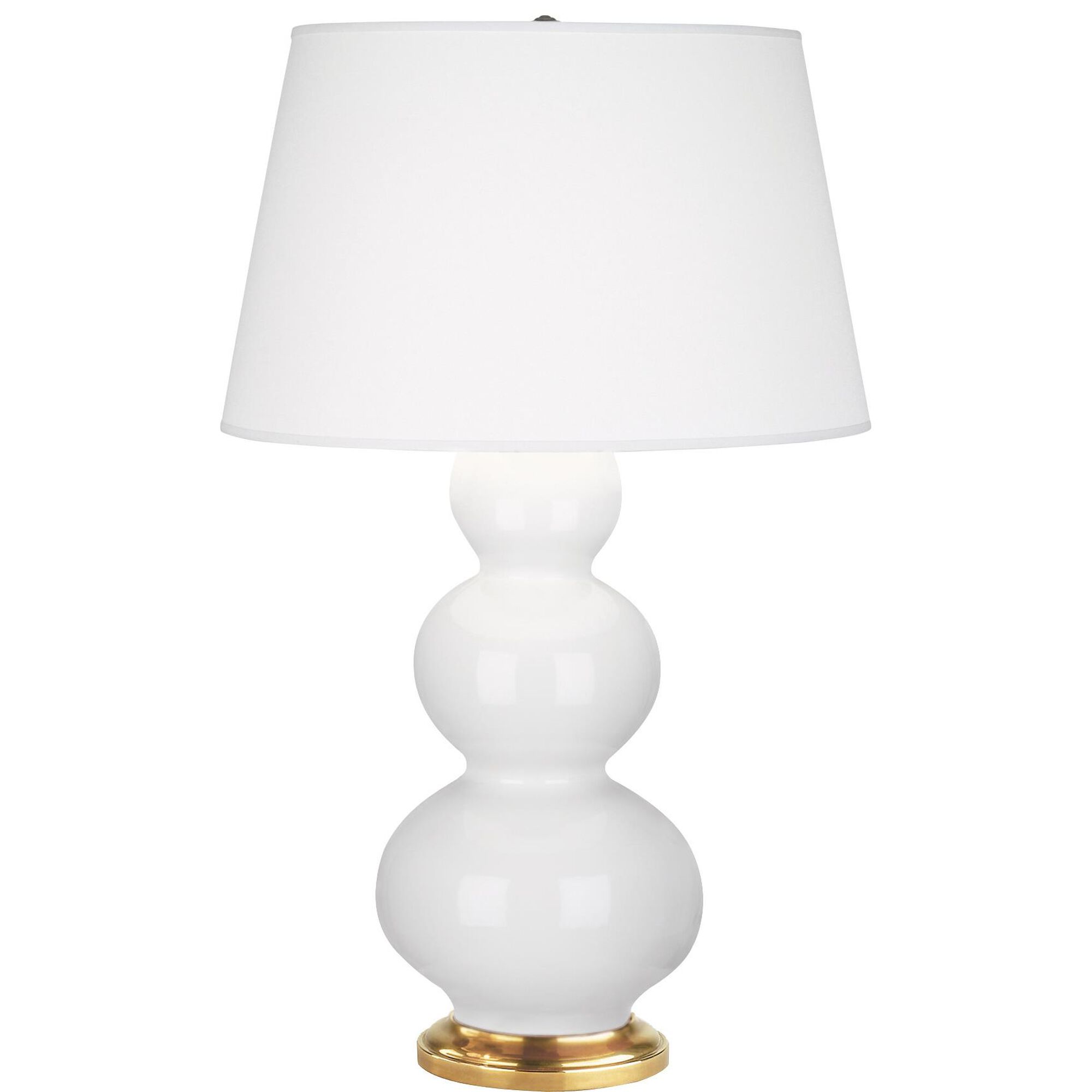 Shown in Lily Glazed Ceramic With Antique Natural Brass ed Accents finish and Pearl Dupioni Fabric shade